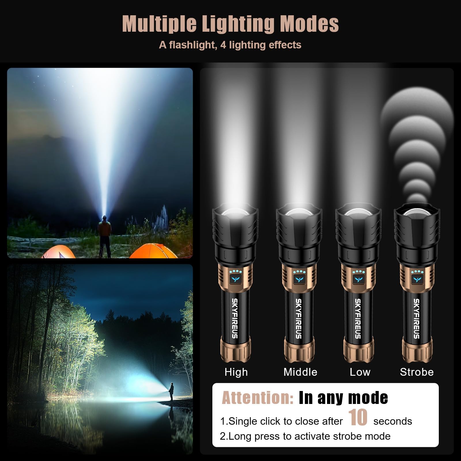 SKYFIRE Rechargeable Flashlight, 8000mAh, High Lumens, Zoomable, Waterproof LED, Model SF-1097-Type, Ideal for Camping and Emergencies