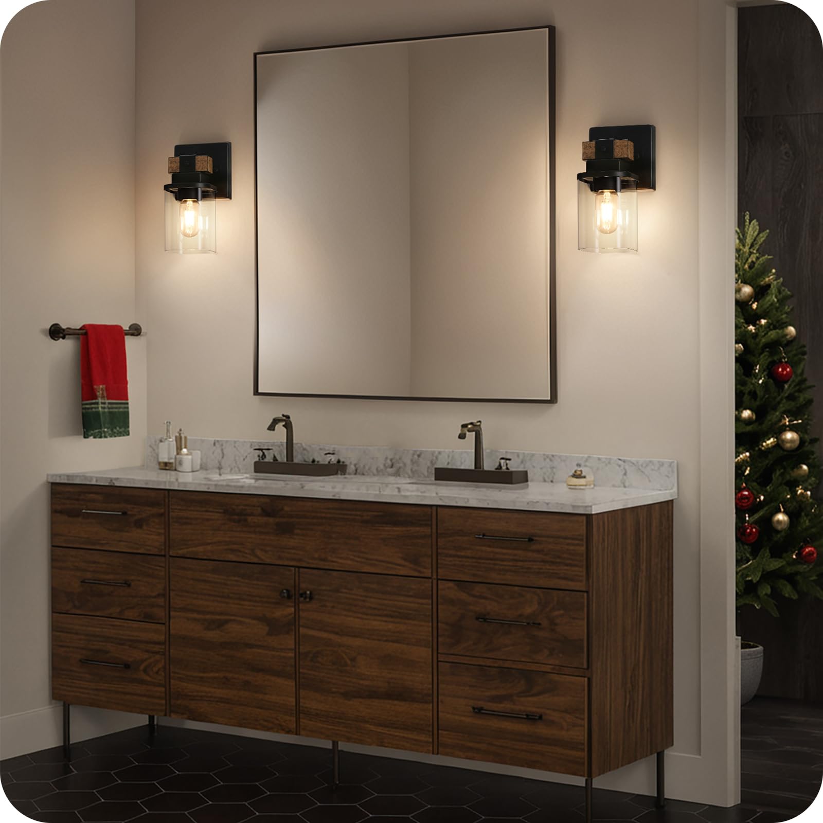 GOEBLESON Wall Sconces Set of 2, Rustic Brown + Black, Metal, Clear Glass Square Shade, Bathroom Light Fixture, Model 14BD-1