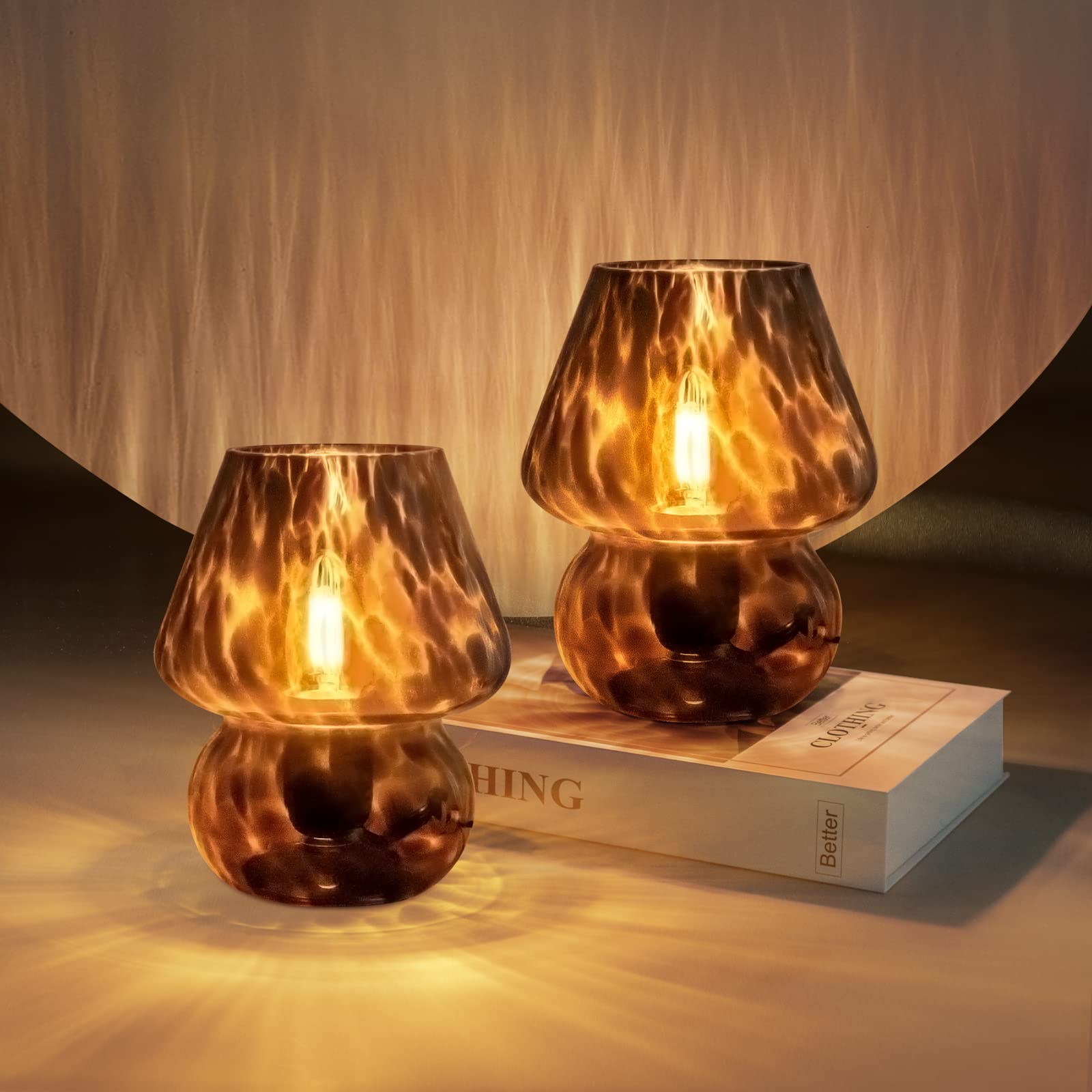 ONEWISH Mushroom Lamp Small Vintage Table Lamp for Bedroom Set of 2, Nightstand Bedside Lamp Translucent Glass Dimmable, Murano 