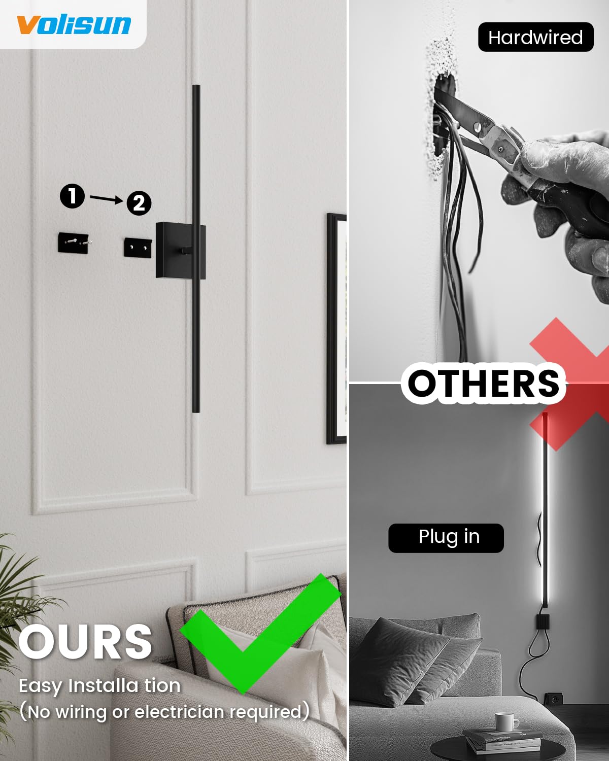 Volisun Battery Operated Wall Sconce Set Of Two, Black Rechargeable Wall Lights With Remote Control, 3000K-6500K Dimmable Wall L