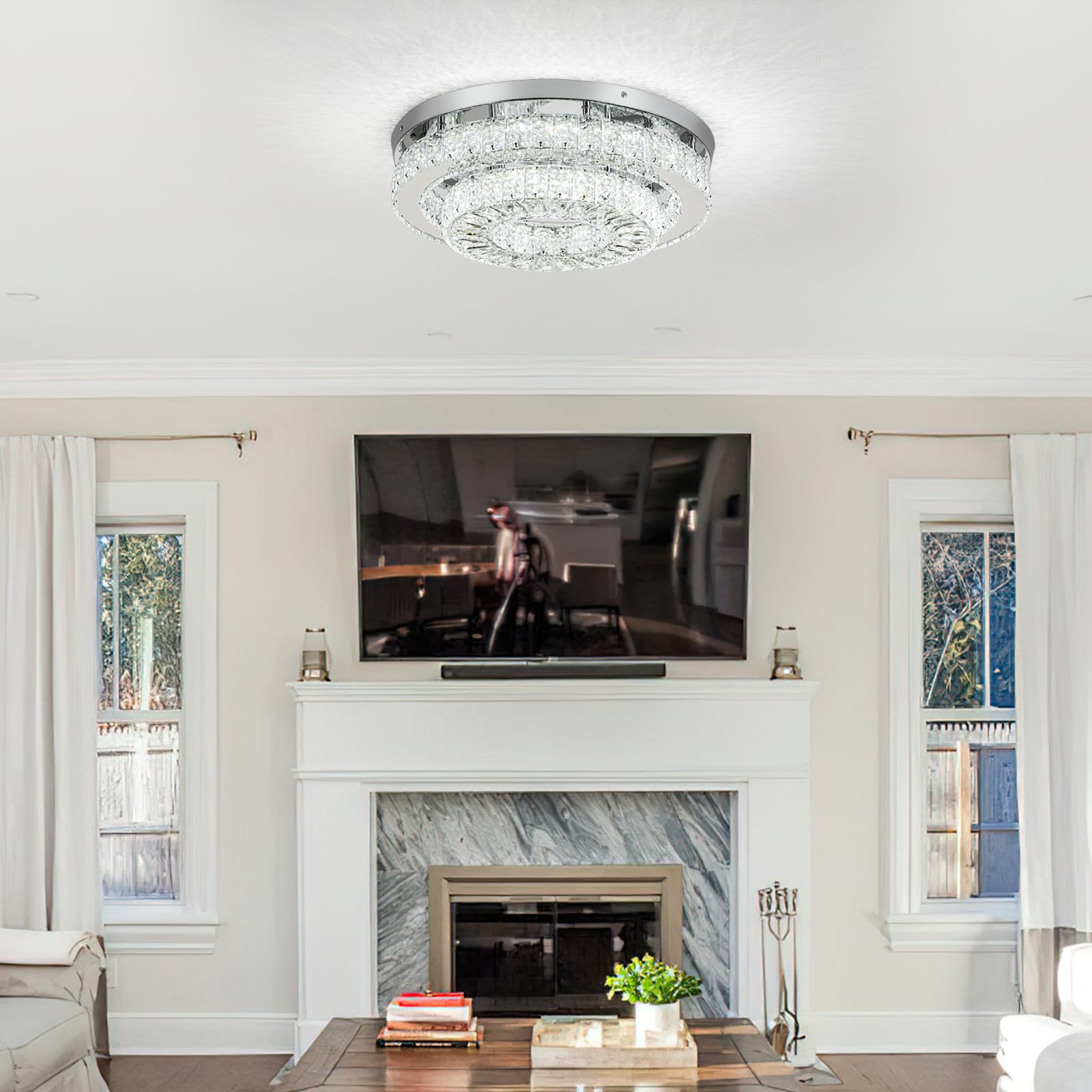 HOPGGIE 18" Crystal Chandelier - 2-Tier LED Ceiling Light Fixture for Living Room, Dining Room, Bedroom - Cool White, Model HJ-017