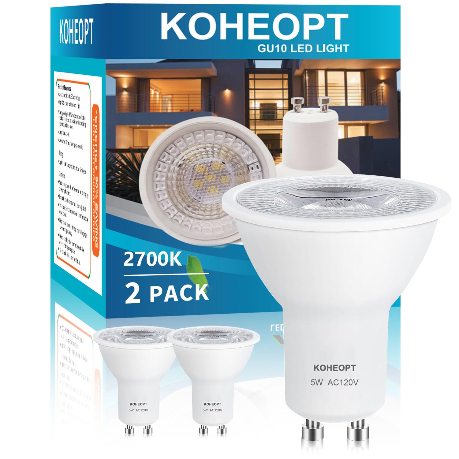 Koheopt Gu10 Led Bulbs 5W (2 Pack) Dimmable 50W Equivalent 500Lm 2700K Soft White Bulb Gu10 Base For Track Lighting  Kitchen Range Hood Living Room Bedroom