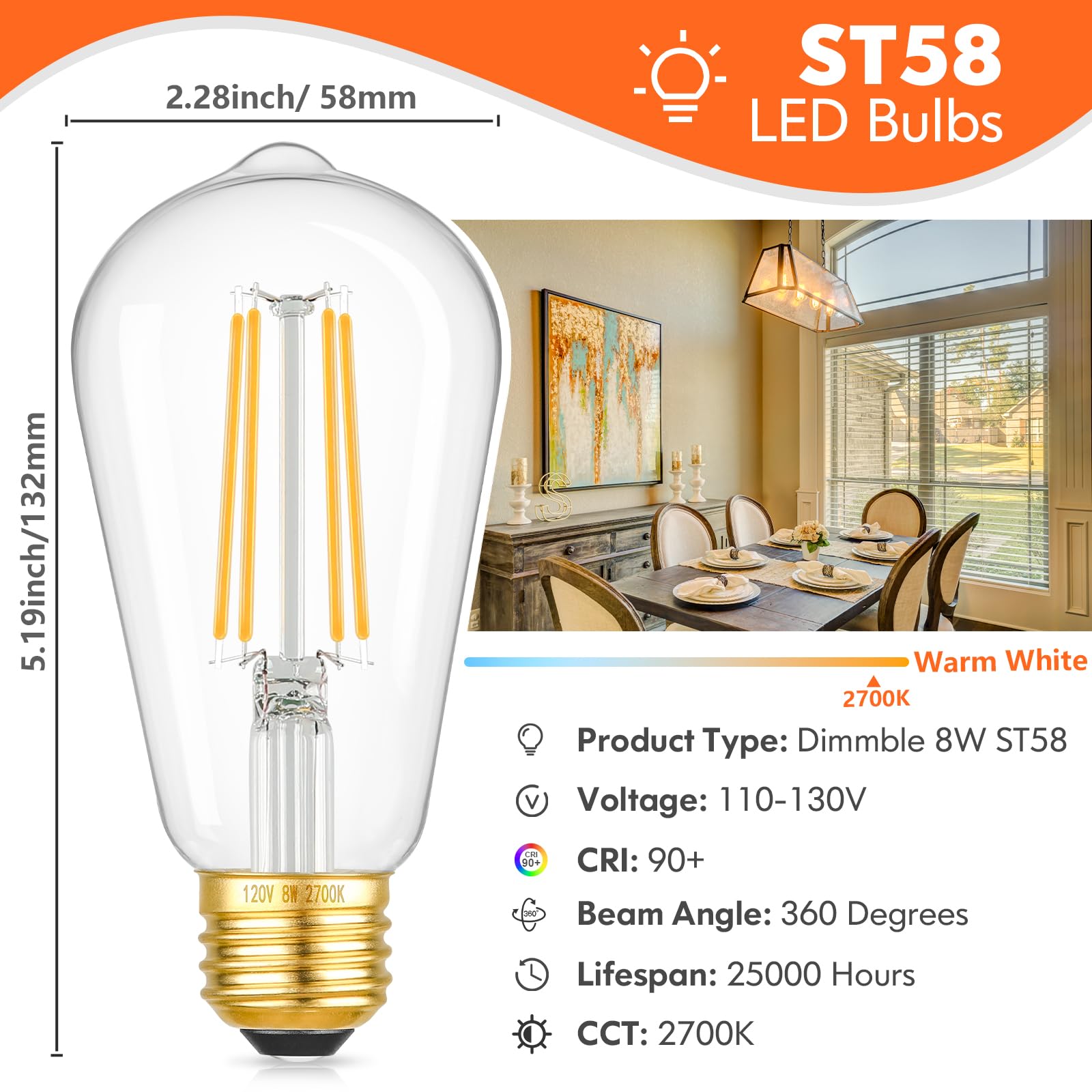Dimmable Vintage Edison Led Bulbs, 1250Lumens High Brightness Light Bulbs, 8W 100W Incandescent Equivalent Bulbs, St58 Led Filam