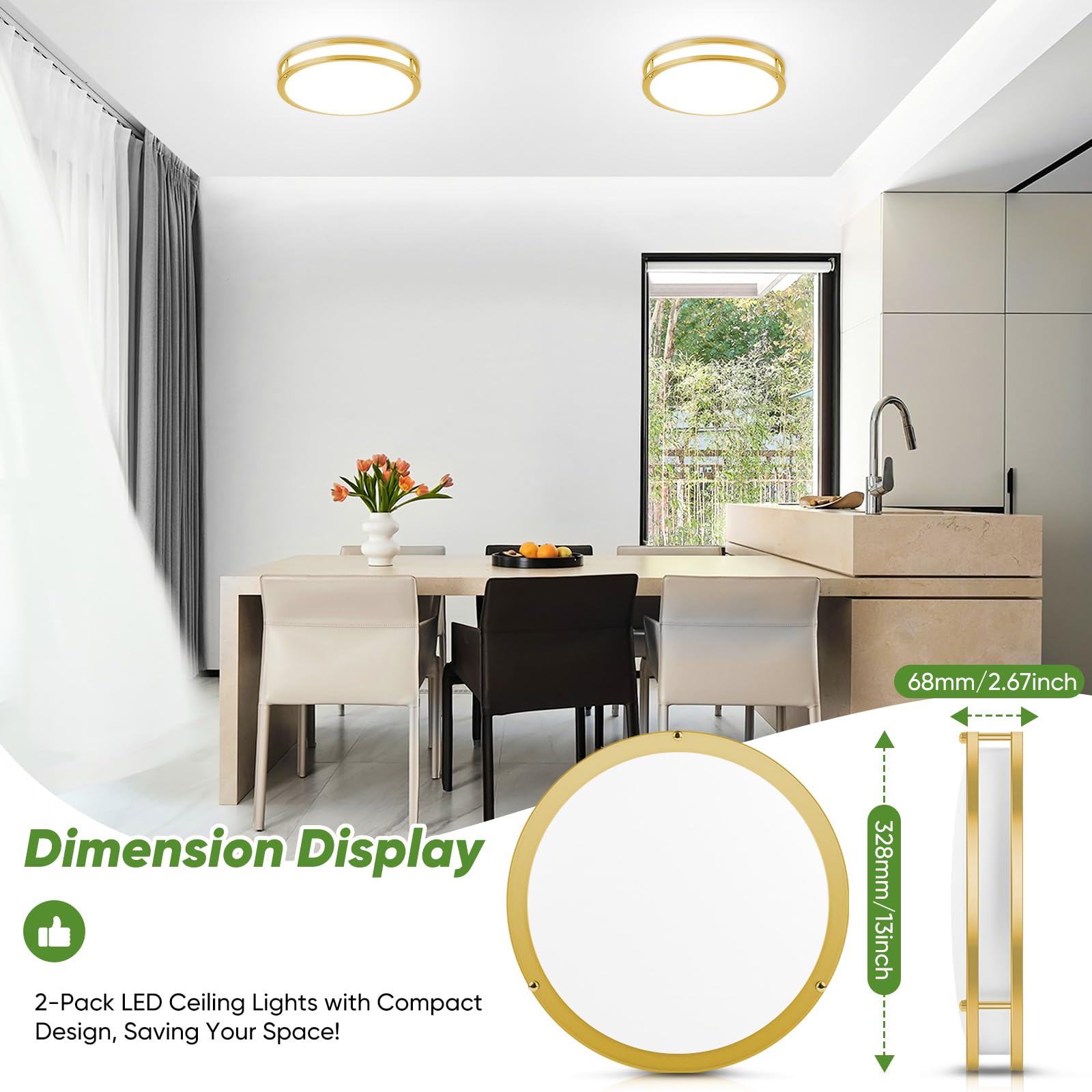 13 Inch Flush Mount Light Fixtures, 2-Pack Gold Led Ceiling Lights With 2700K/3000K/4000K/5000K/6500K 5 Color Temperatures, Mode