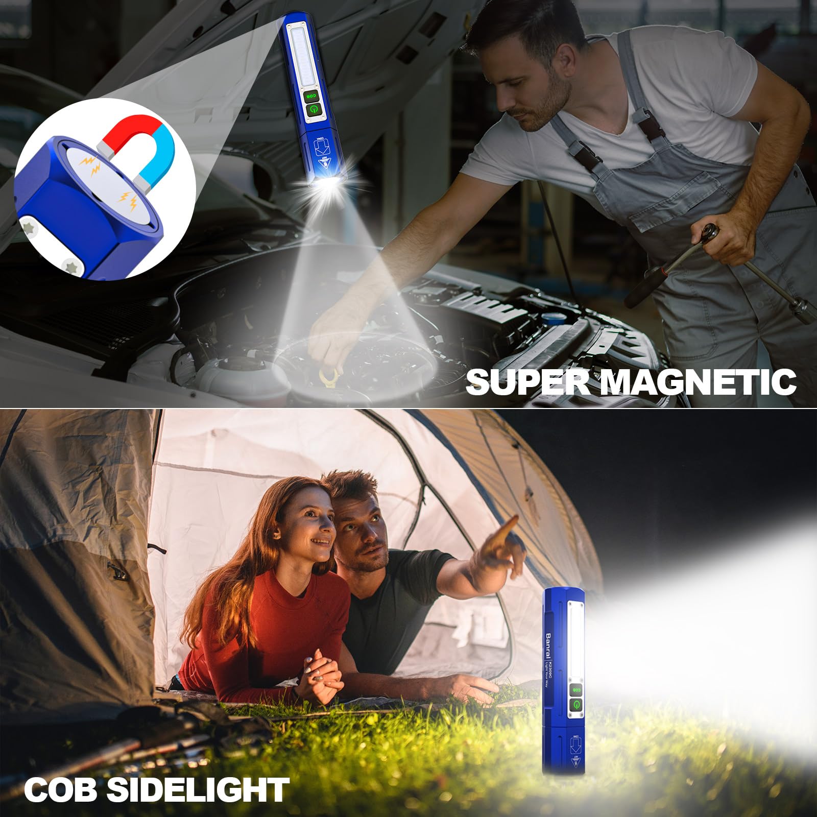 Banral High Lumens Rechargeable Flashlight - 8 Modes, Aluminum, Klein Blue, Model K-2309C-PB, Compact Magnetic Design for Camping