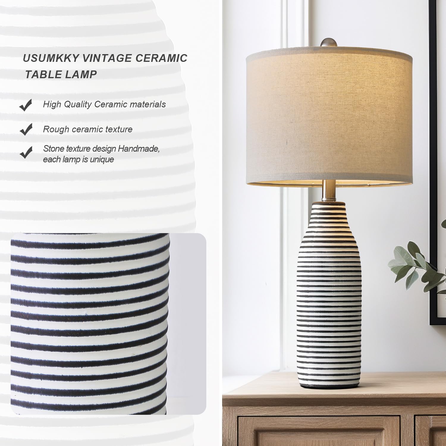 Usumkky 25'' Ceramic Table Lamps Set Of 2 Beside Lamps For Living Room Modern Bedroom Lamps For Night Stands With Rotary Switch