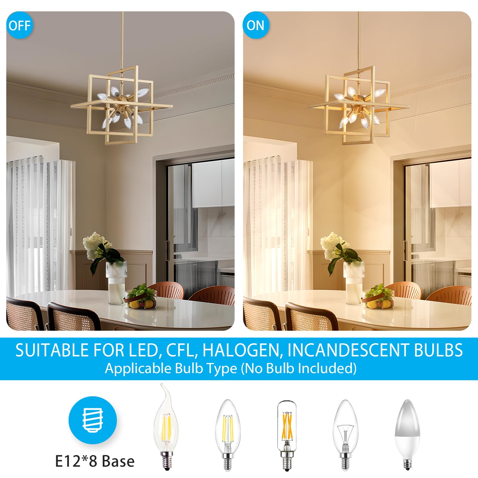 XINGQI 8-Light Gold Geometric Chandelier - Modern Pendant Lighting for Dining Room, Living Room, Kitchen, Bedroom, Hallway