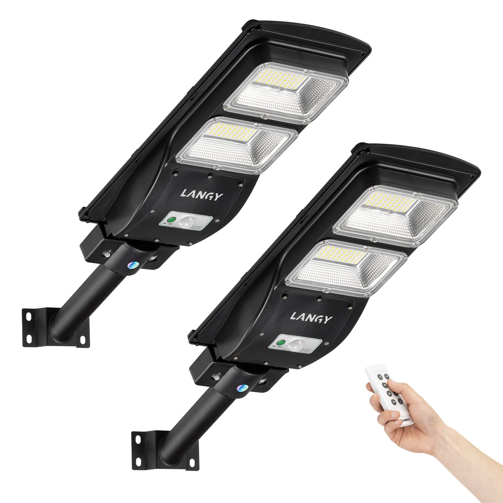 Langy Solar Street Light 6000 Lumens, Pir Motion Sensor, Dusk To Dawn, 2 Pack, Black