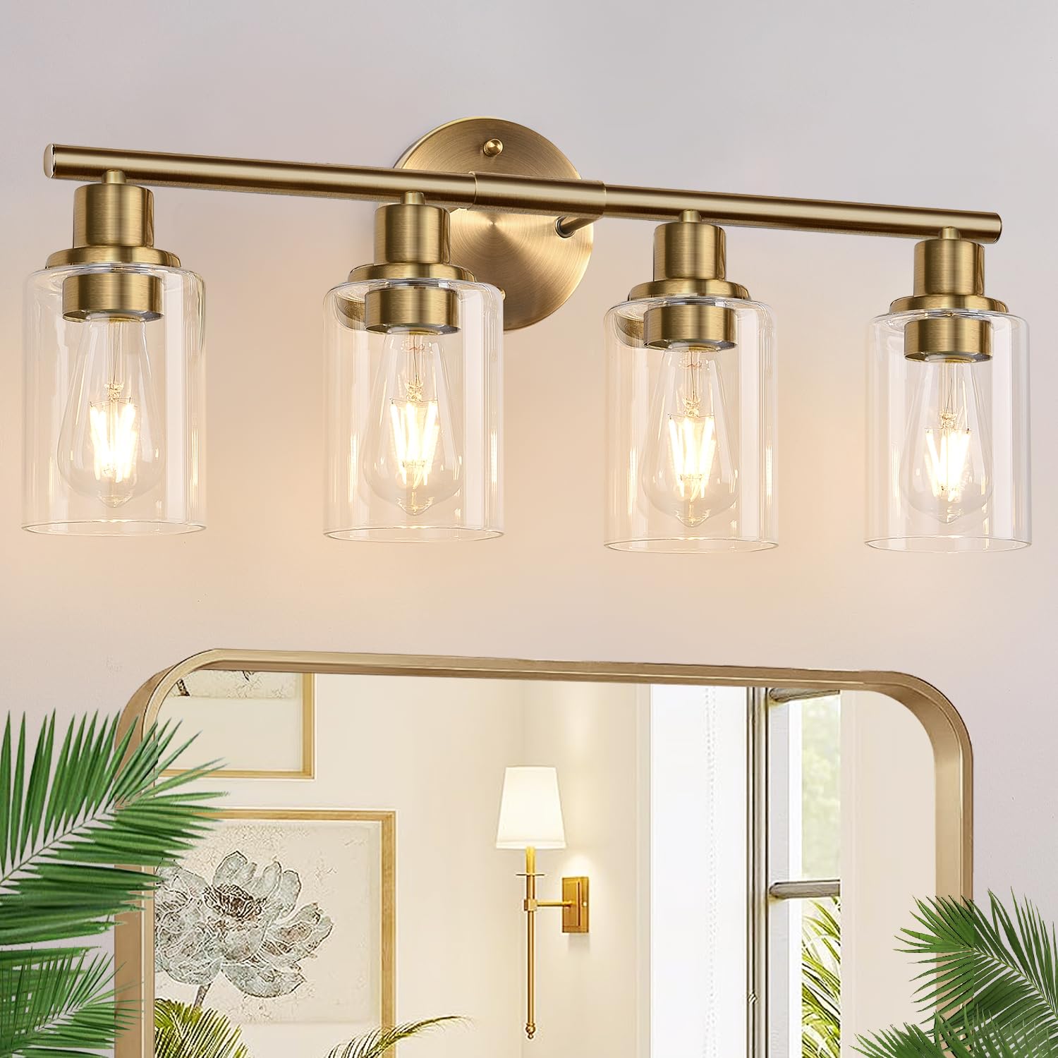 Zarbitta 4-Light Bathroom Light Fixture, Brushed Brass Vanity Lights with Cyan Glass Shades, Model OMTYX-016