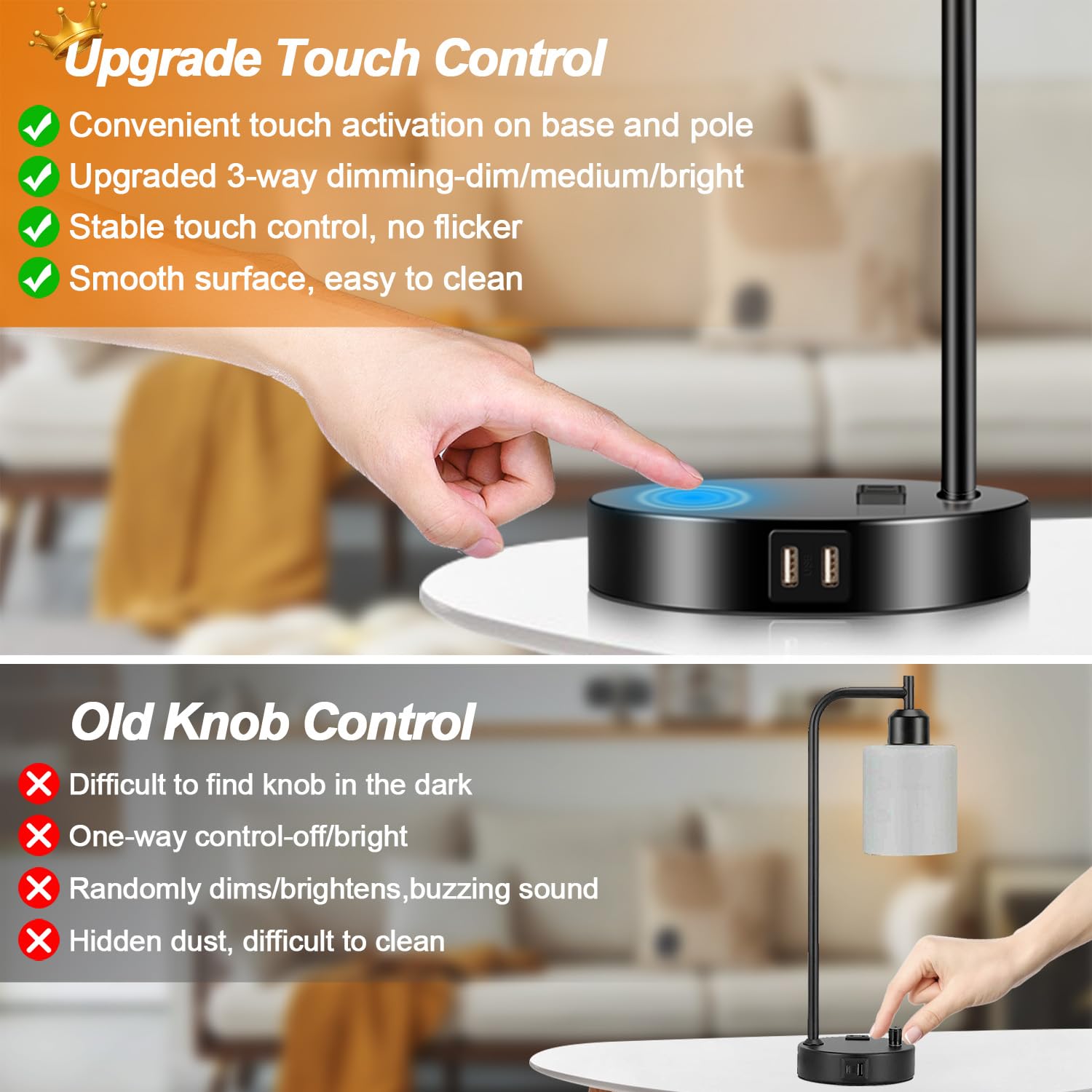 Nintiue Set of 2 Touch Control Table Lamps - 3-Way Dimmable, Black with Opal Glass Shade, Includes 2 LED Bulbs & USB Ports