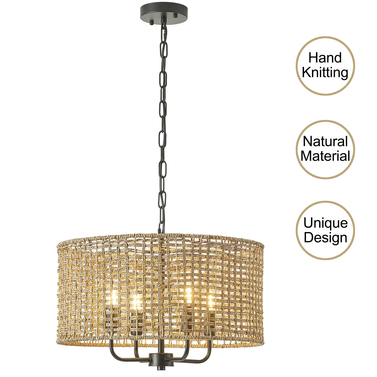 Giutna Rattan Wicker Drum Chandelier, 4-Light Hand-Woven Pendant Light, 20" Black Farmhouse Fixture for Dining Room, Entryway, Living Room