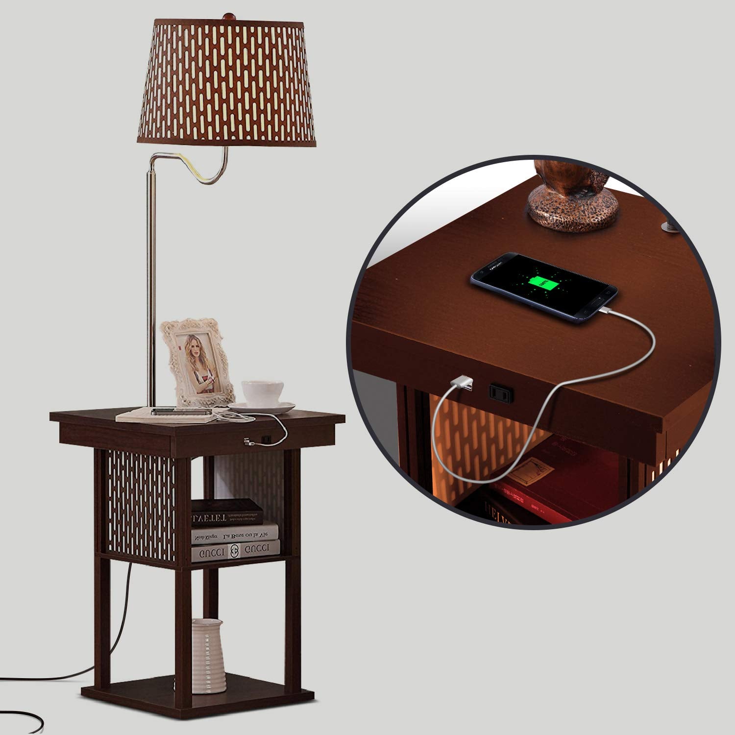Brightech Madison Side Table With Lamp Combo With Led Bulb, Desk Lamp With Usb Port, Bedside Reading Lamp, Modern End Table With Floor Lamp For Bedroom, Living Room, Office - Havana Brown