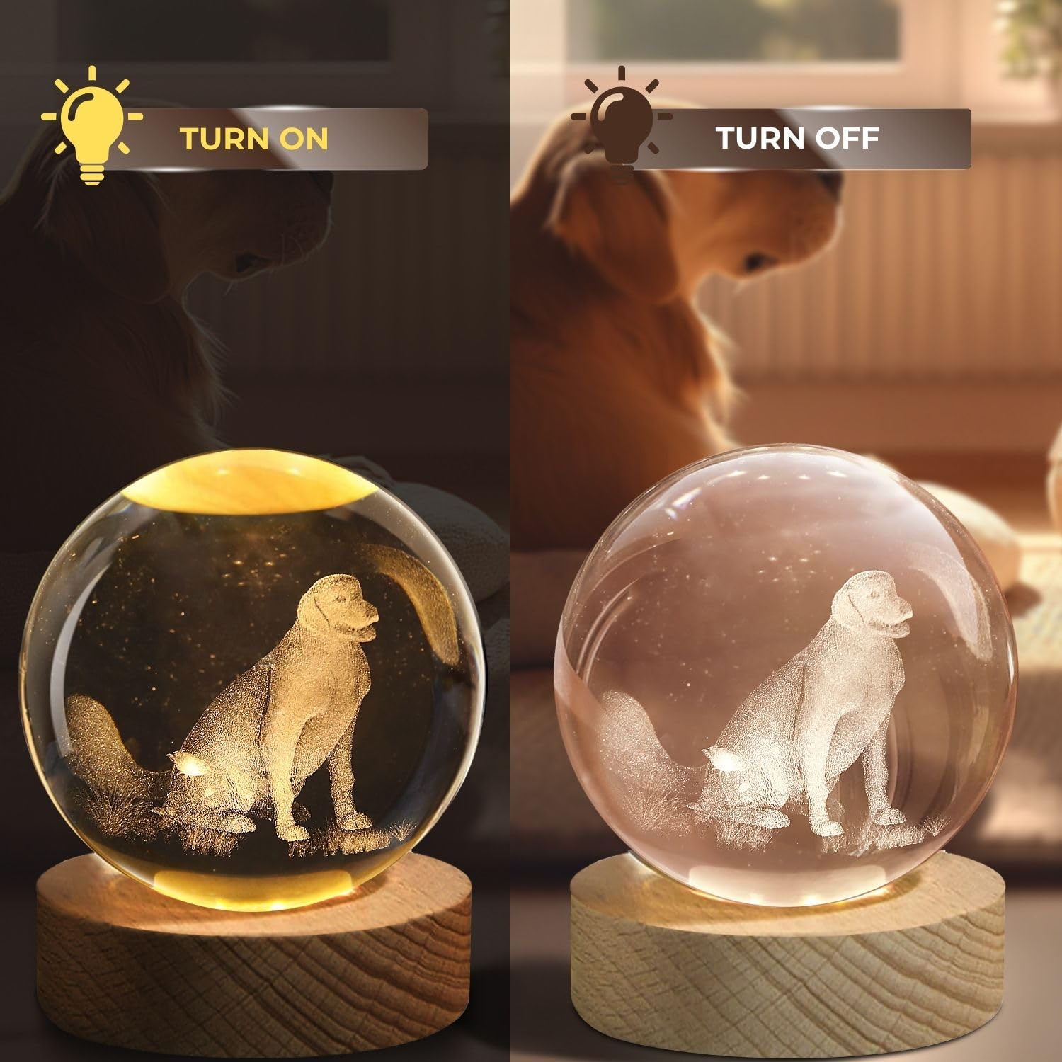 Flexzion 3D Dog Crystal Ball Night Light - Led Light Hologram Glass Lamp W/Solid Wood Base  Usb Powered Crystal Ball Lamp W/Adjustable Brightness For Home Decor Display Gift  3.15 Inch (80Mm)