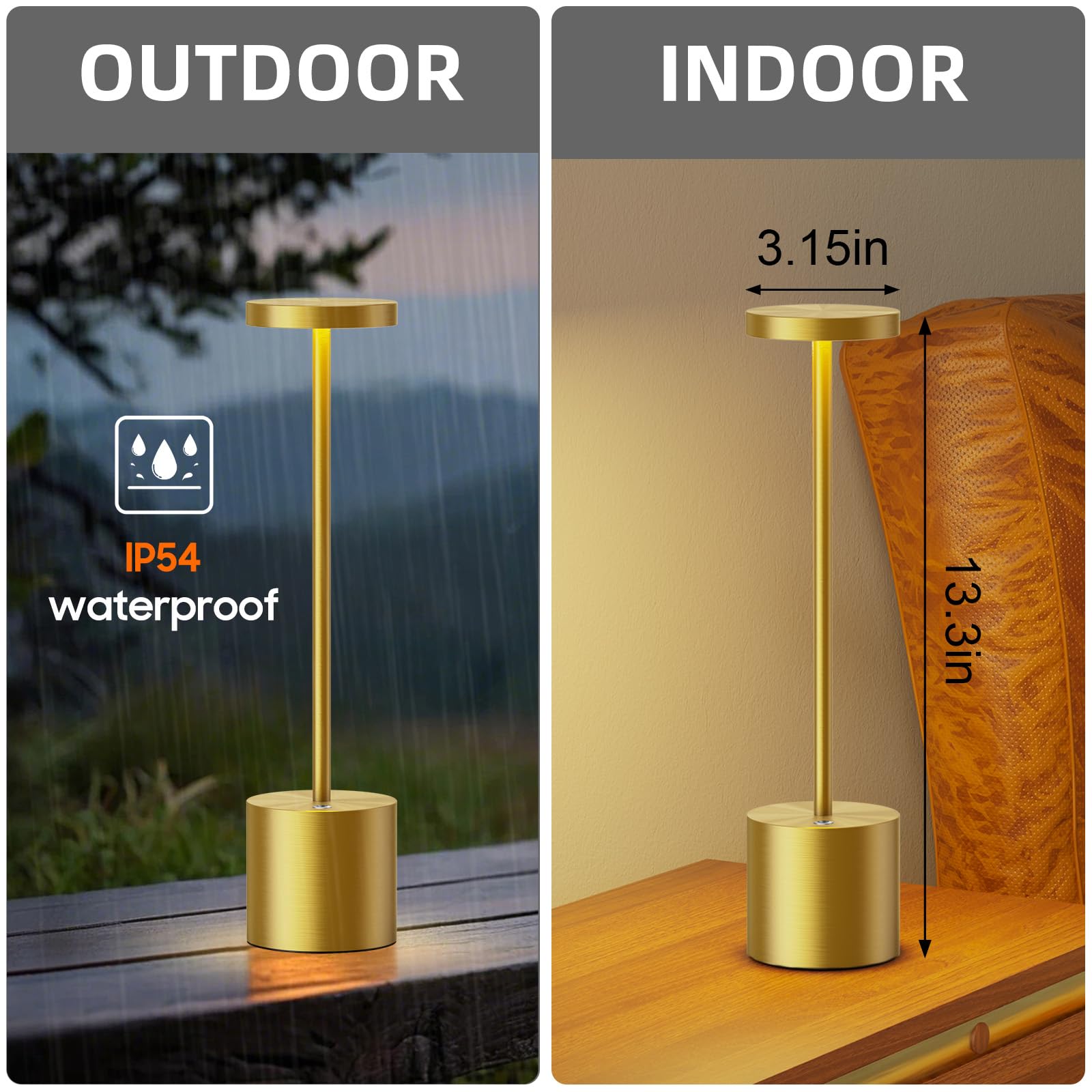 SAKRINGT Cordless Table Lamps - 6000mAh Rechargeable LED Light, 2 Pack Gold, Aluminum, Model S801