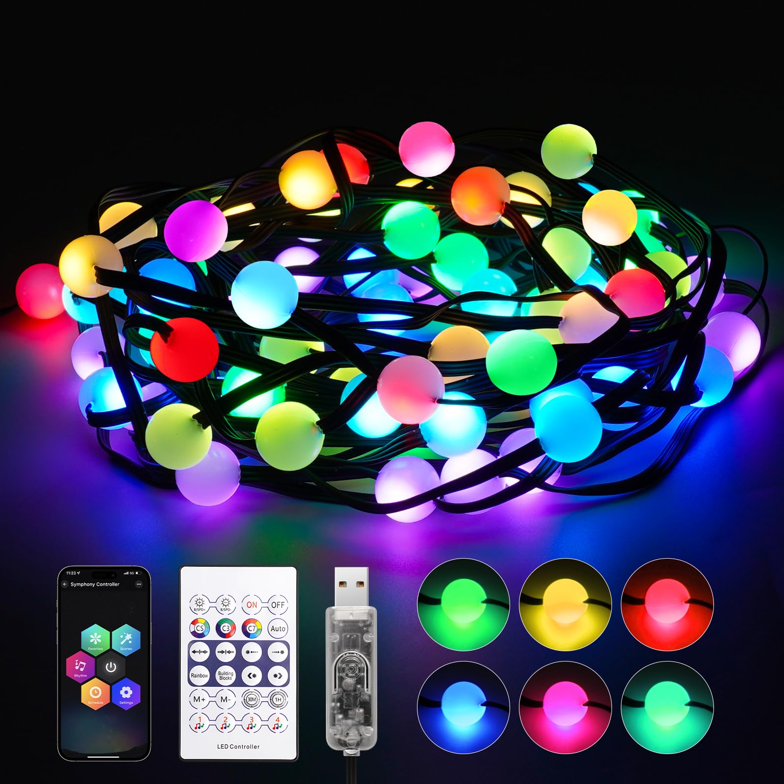 REYLAX USB Fairy Lights Plug in, 33ft 66 LEDs Twinkle String Lights, Dimmable Globe String Lights, Music Sync, Multicolor Christmas Lights Decor Indoor Outdoor, Timer, Work with APP & Remote Control