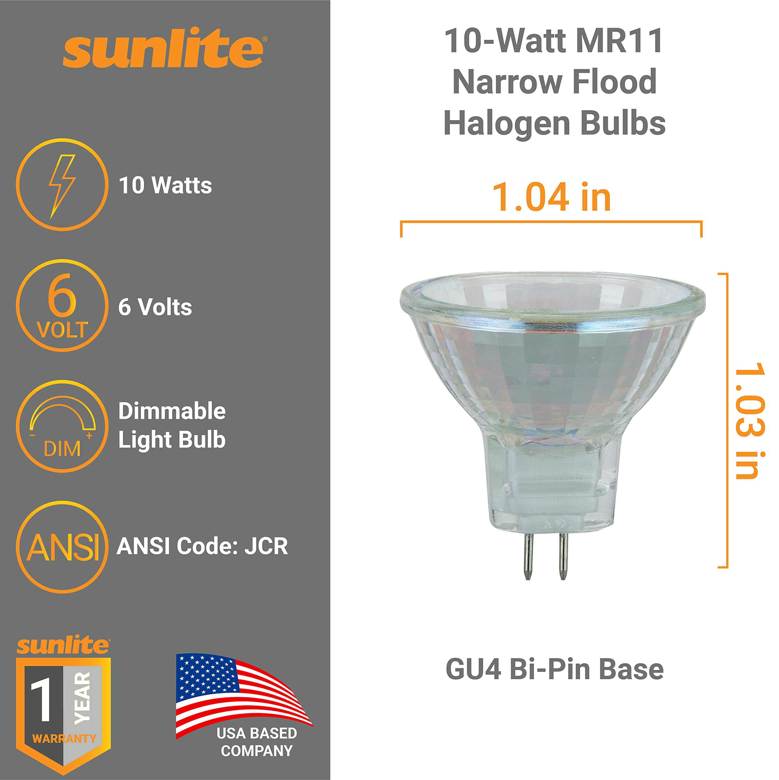 Sunlite MR11 Halogen Reflector Bulb, 10W, 30° Narrow Flood, GU4 Base, 6-Pack, Dimmable, Glass, 2000 Hour Life Span