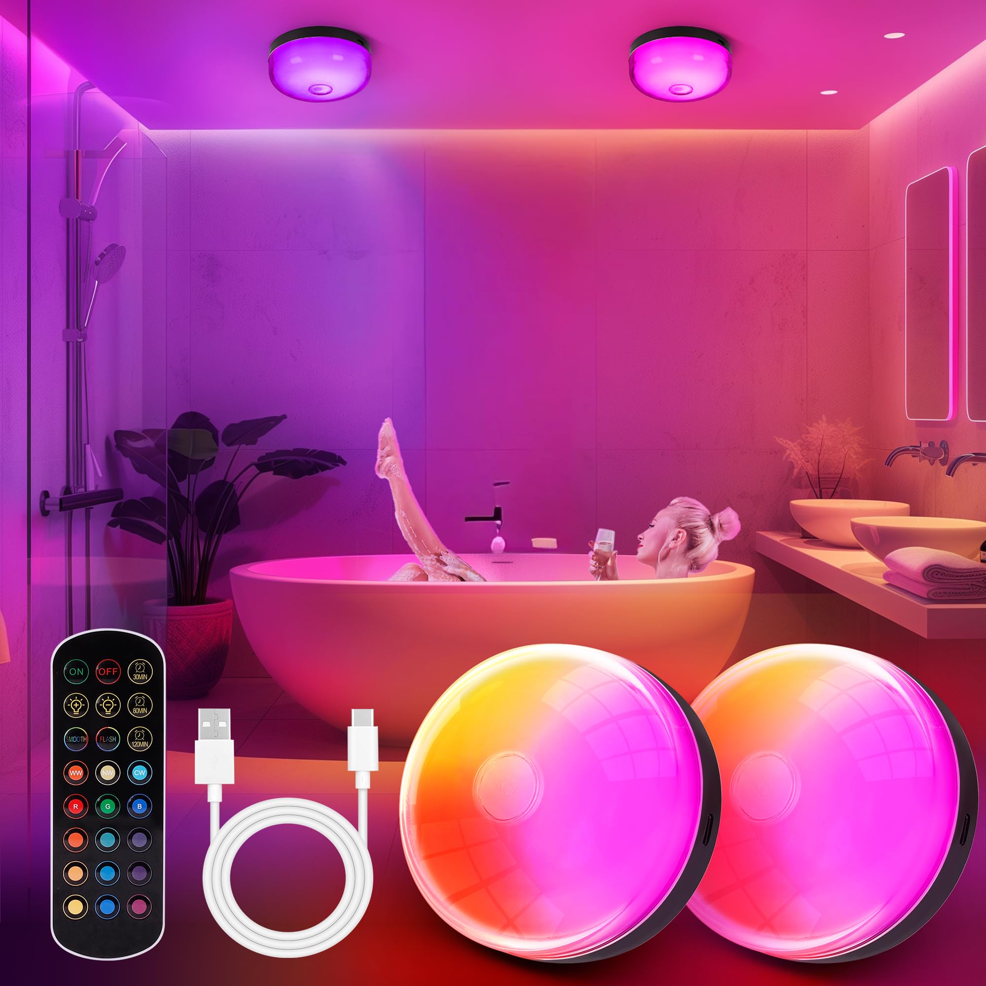 2-Pack Rechargeable Shower Lights For Inside Shower  15 Rgbw Color Changeable Waterproof Lights For Shower With Remote(Dimmable&Timer)  Wireless Led Mood Lighting For Bathroom  Closet  Bedroom  Party