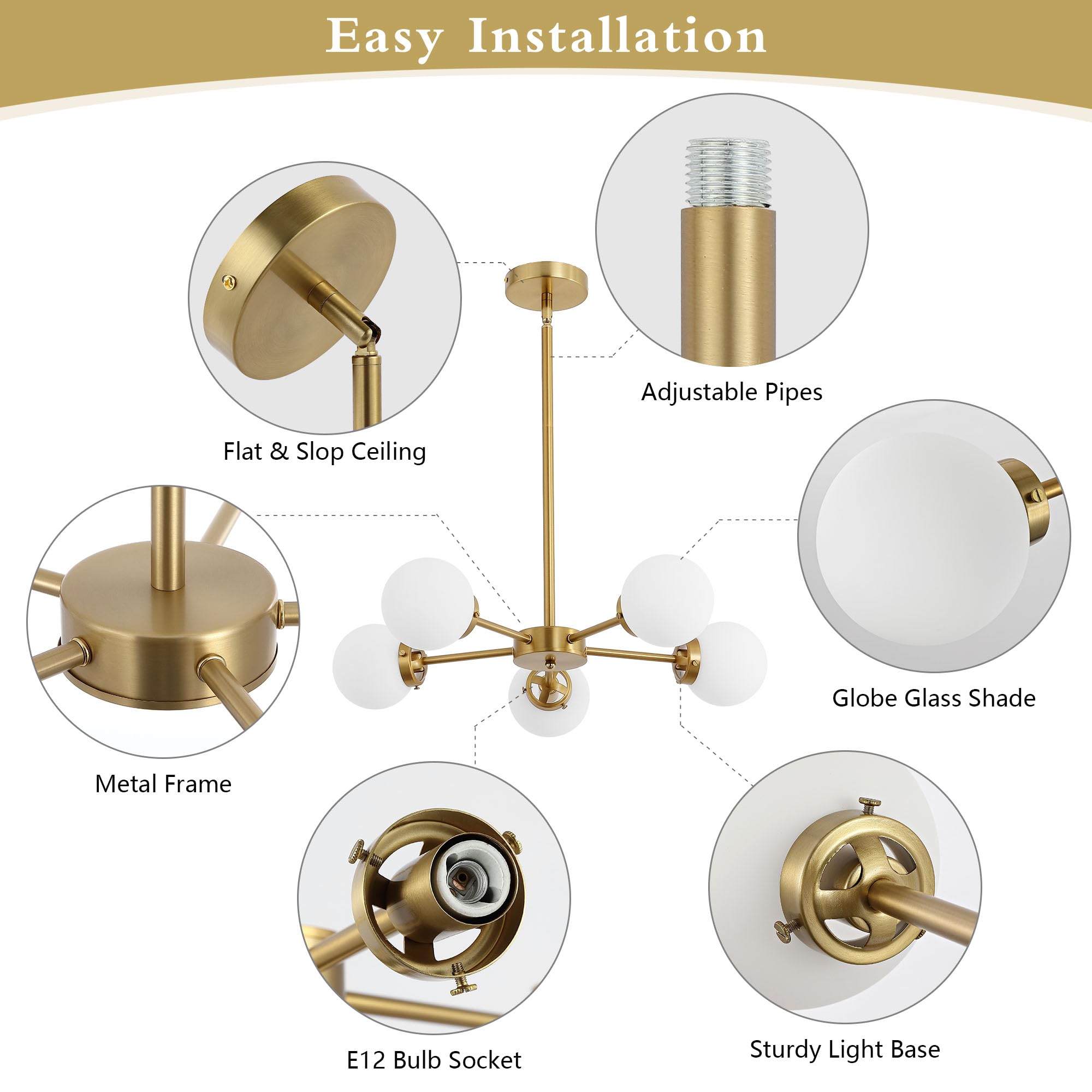 WINGBO 8-Light Sputnik Chandelier, Modern Gold Pendant with Opal White Glass, Adjustable Height for Kitchen, Living Room, Dining Room, Bedroom