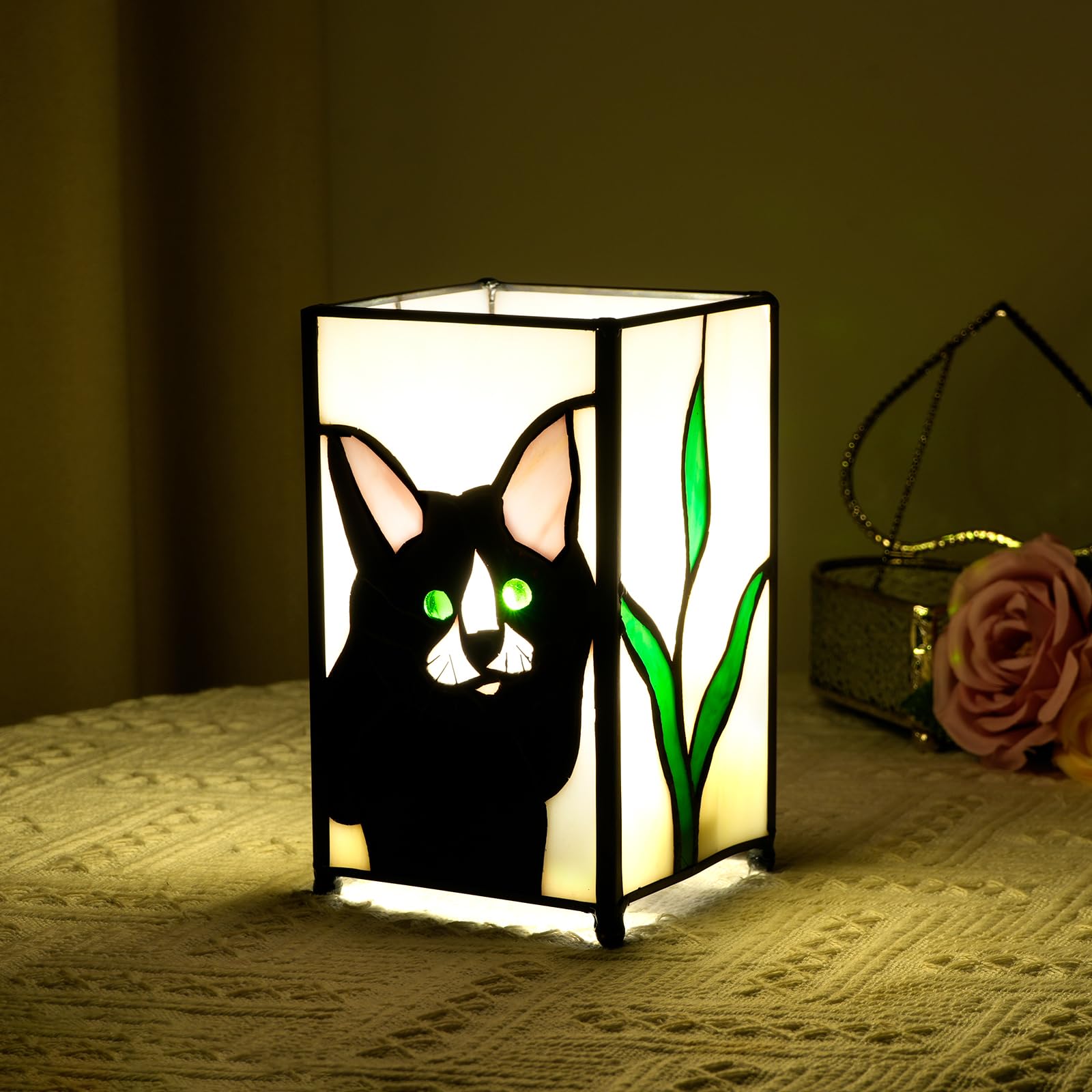 Kiphepi Tiffany Lamp Stained Glass Lamp Small Bedside Table Lamps For Living Room Home Decor Girls Women Birthday Halloween Christmas Thanksgiving Day Gift Black Cat