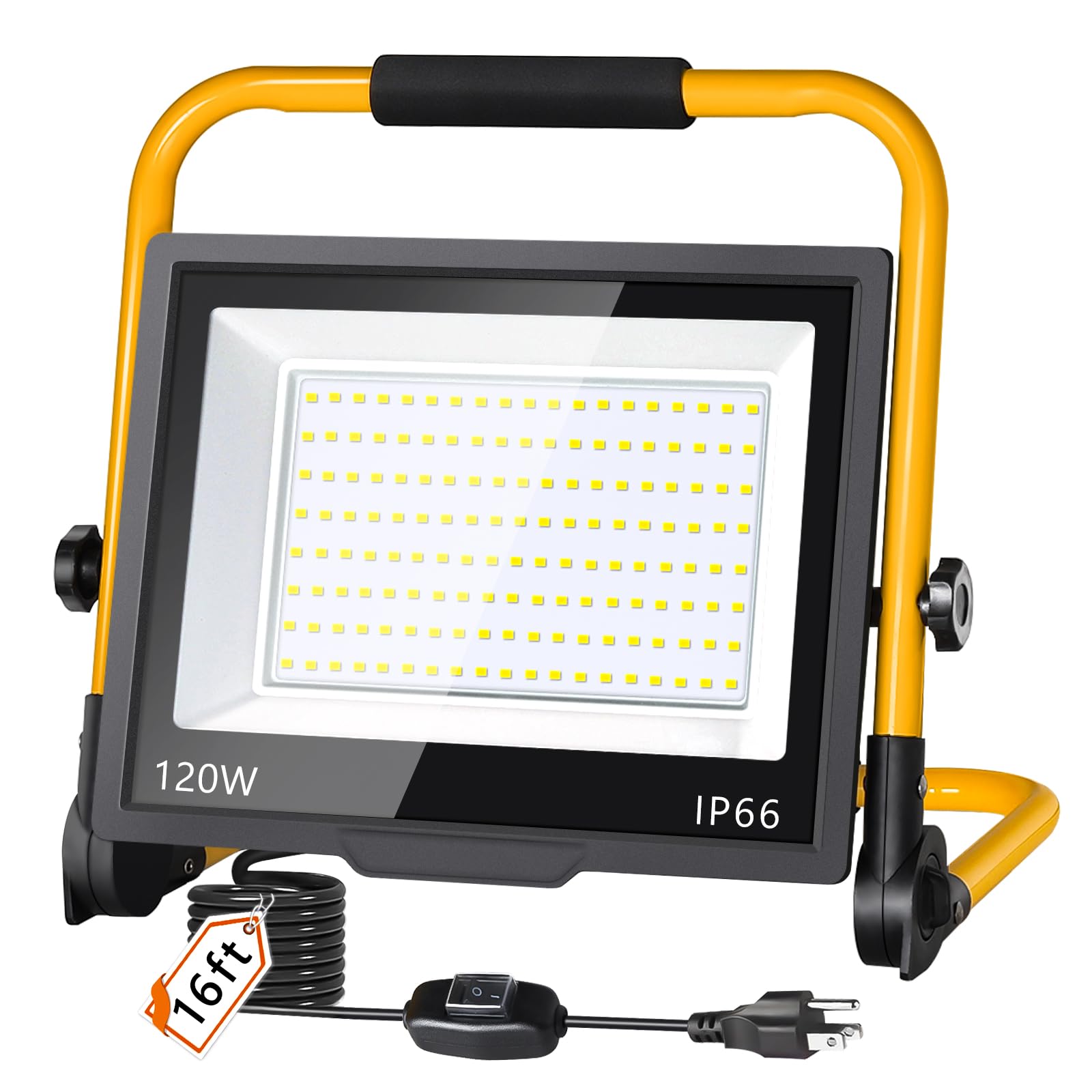 120W LED Work Light, 14400LM Flood Light with 16ft Cord & Switch, 1200W Equivalent Portable Working Light with Stand, 5000K IP66