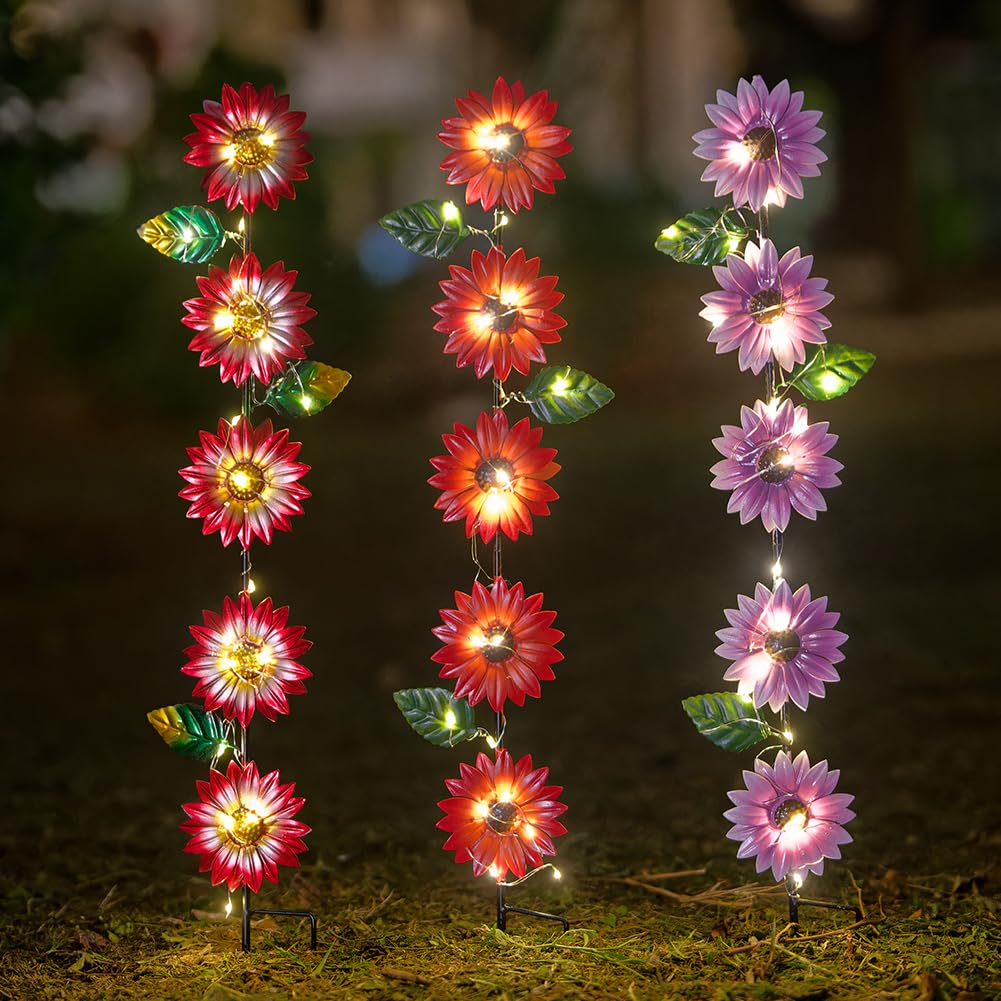 SATHGA Set of 3 Solar Garden Lights,22.6 H Flowers Decorative Garden Stakes,Waterproof Metal Spring Yard Art Decor,Solar Stake