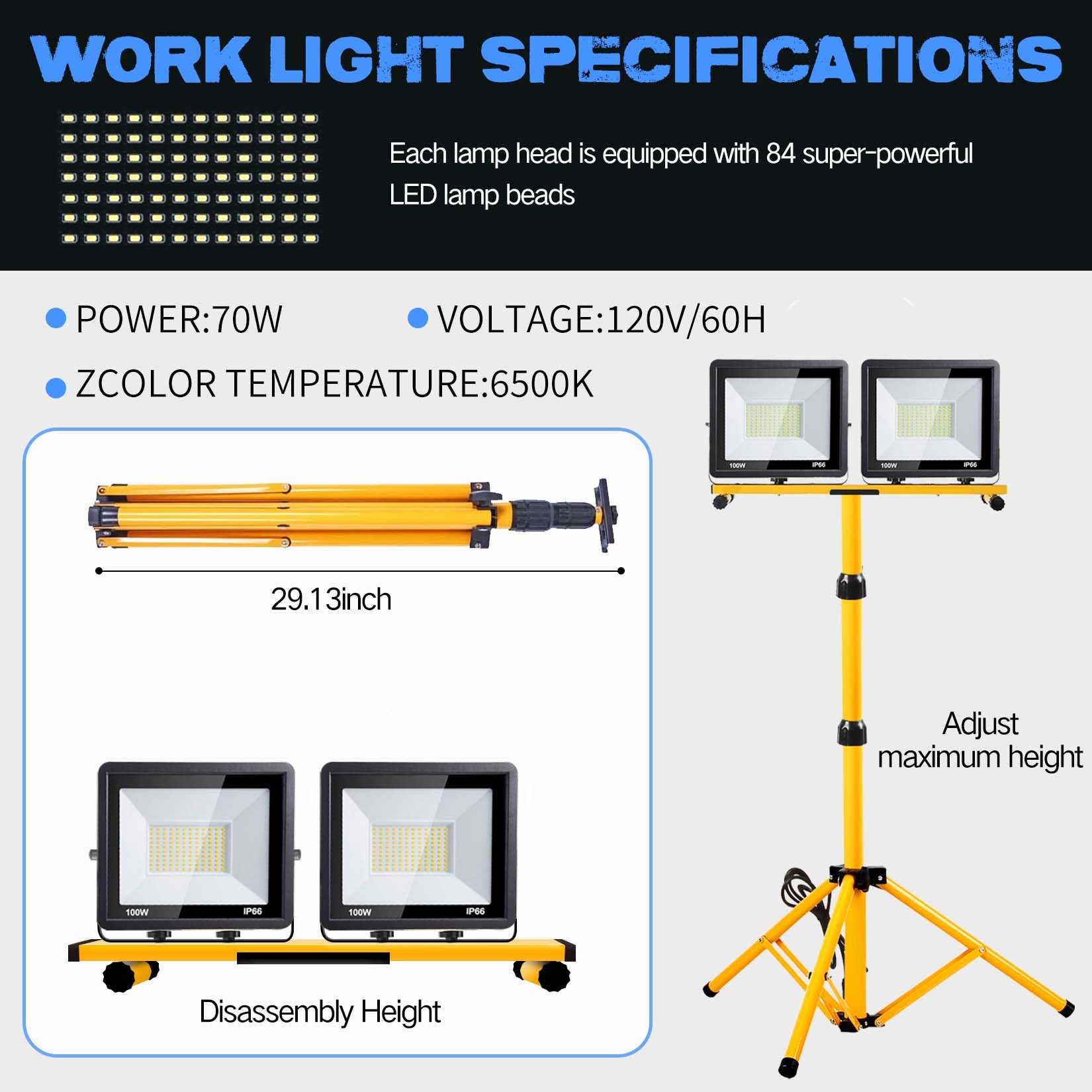 21000 Lumen Work Lights With Stand, 2 Adjustable Head Led Work Light, With Adjustable And Foldable Tripod Stand, Waterproof Lamp With Individual Switch With 6500 Kelvin Color Temperature (Yellow-2)