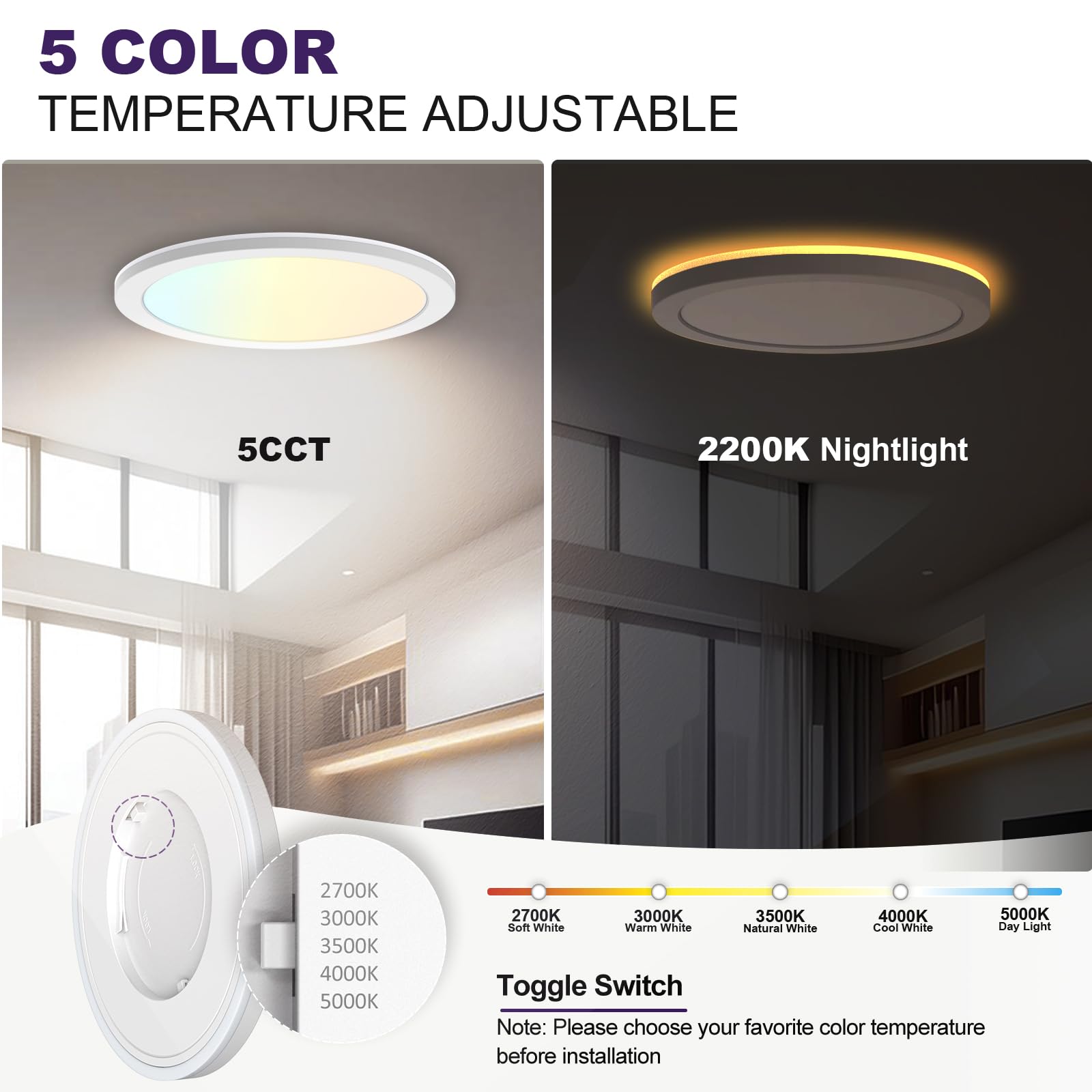 Sofiton 12 Inch Led Flush Mount Ceiling Light Fixture With Night Light, 2700K/3000K/3500K/4000K/5000K Selectable, 24W 1500Lm Dim