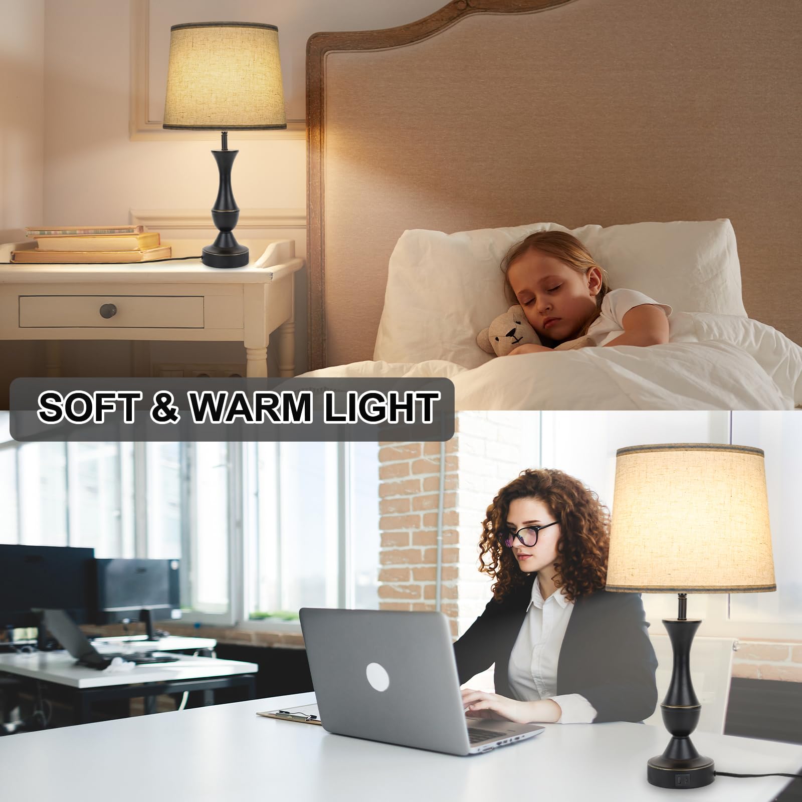 Touch Lamps For Bedrooms Set Of 2, Farmhouse Table Lamp With Usb C Charging Port, 3 Way Dimmable Nightstand Lamps With Linen Fab