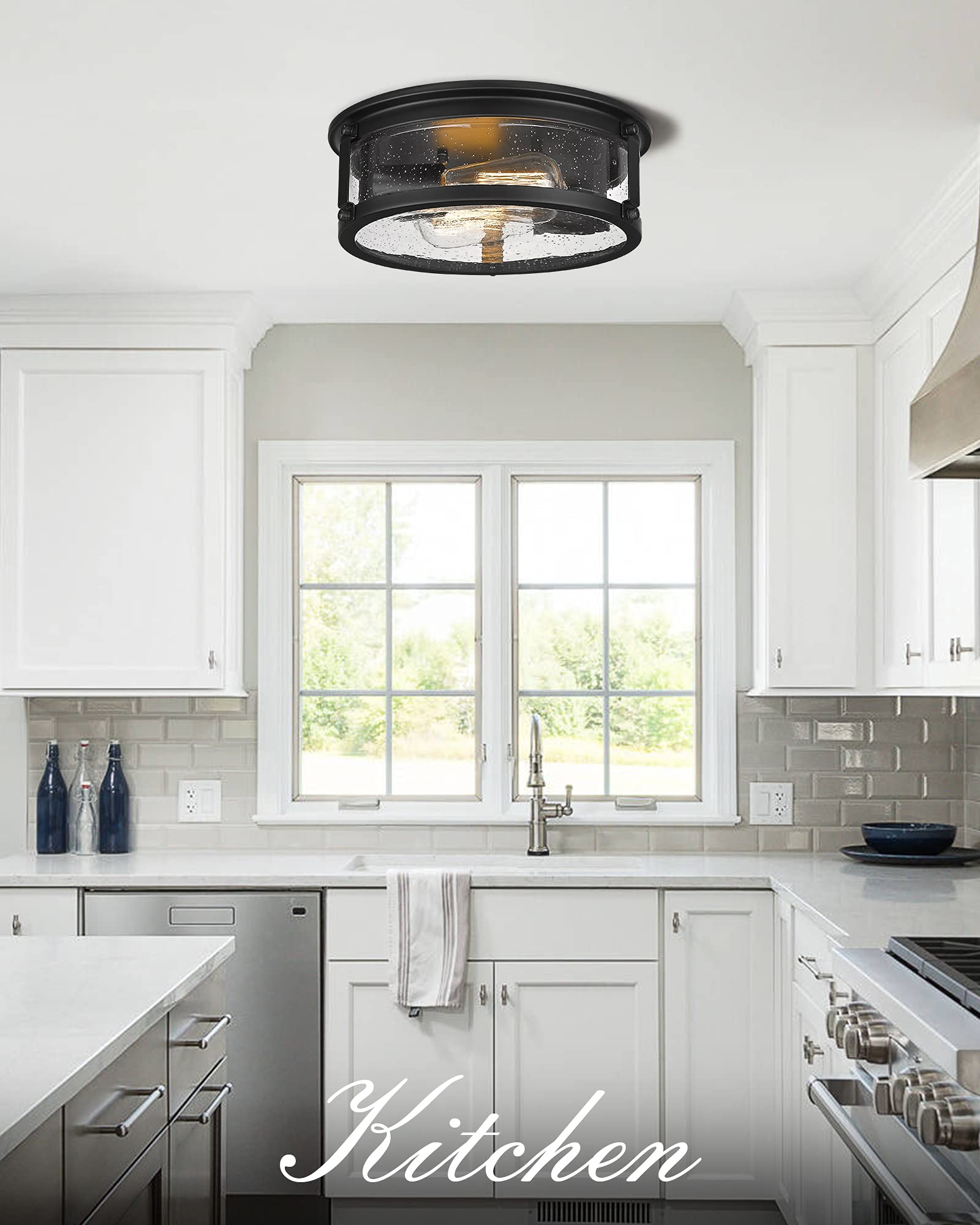 Foitton 2-Pack Vintage 2-Light Flush Mount Ceiling Fixtures, Black Metal Cage, 12Inch