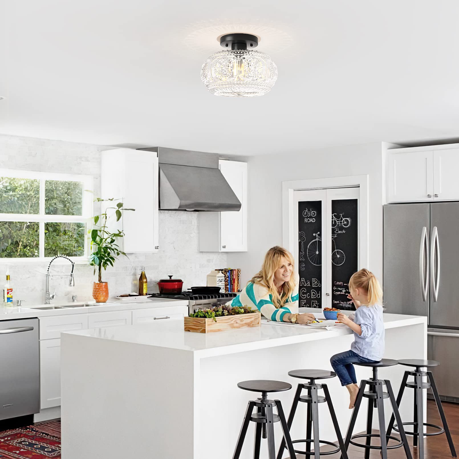 Oykyohei Semi Flush Mount Ceiling Light, Globe Glass Ceiling Light Fixture, Black Modern Lighting For Hallway Porch Corridor Kit