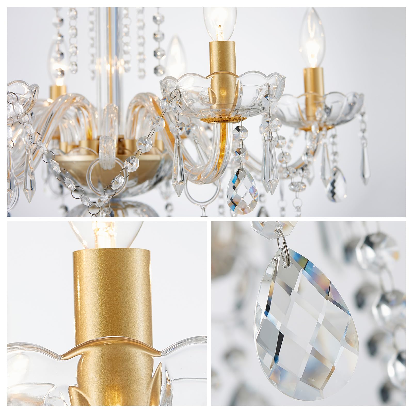 Wuzups 6-Light Crystal Candle Chandelier Pendant Ceiling Light Modern Lighting Fixture For Bedroom Hallway Bar Kitchen Bathroom  H 25.6 W 24.4  E12 Base  Gold