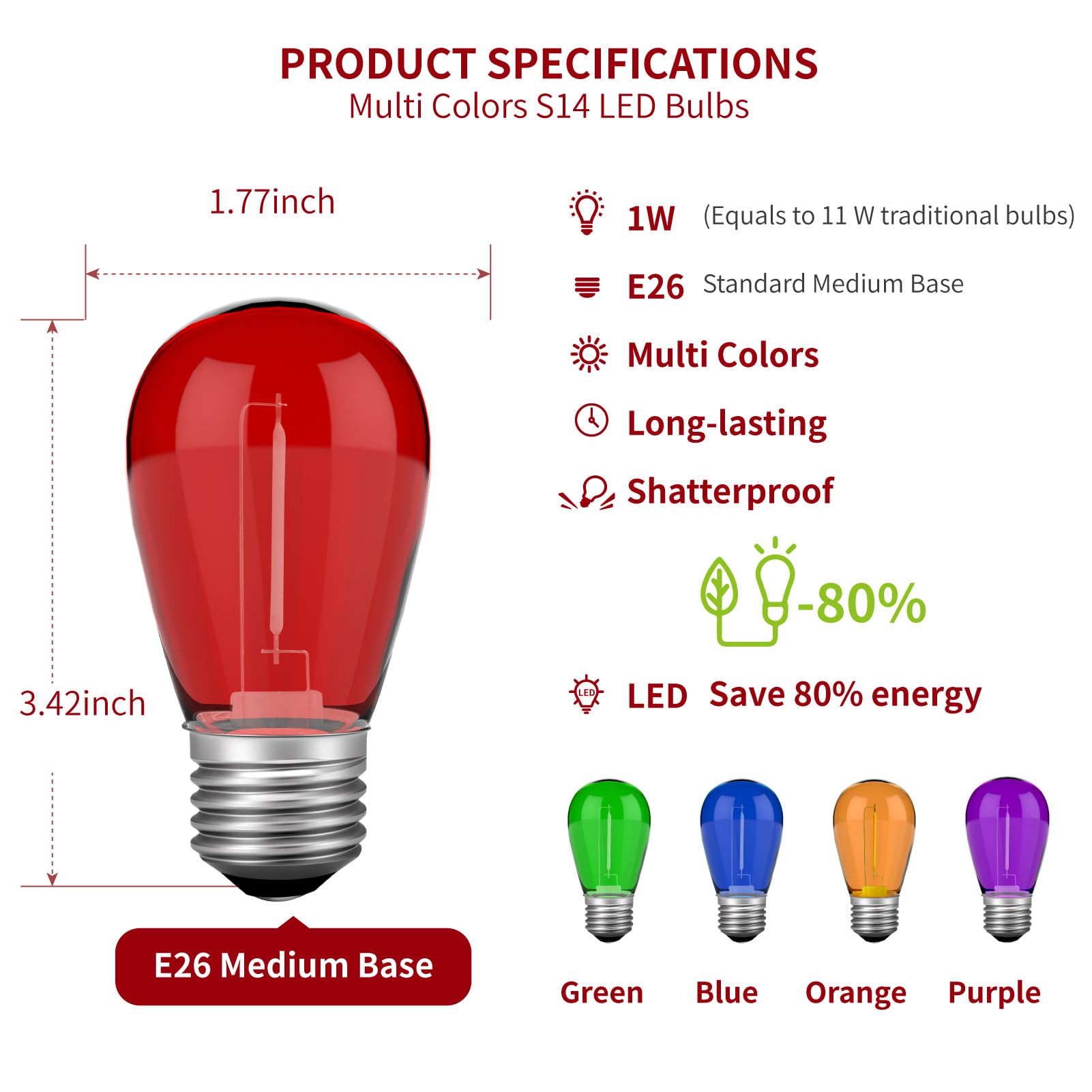 VISTERLITE S14 Colored LED String Lights, 15 Pack, Shatterproof Plastic, E26 Base, Multi-Color (Red/Green/Blue/Purple/Orange)