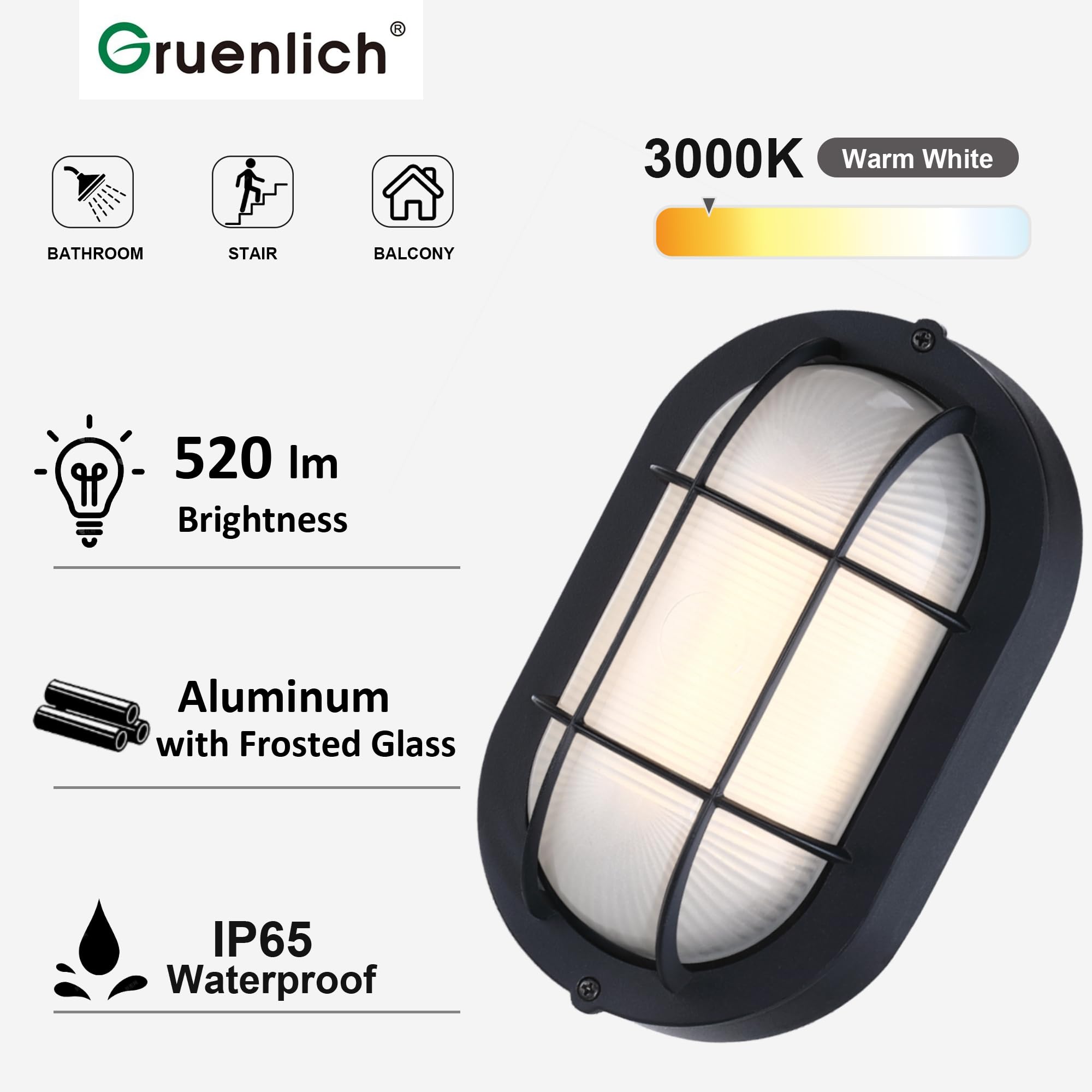 GRUENLICH Dimmable LED Bulkhead Light, 8.5in  Oval, 3000K Warm White, Black Cast Aluminum, 2-Pack, Model GR-CL00130