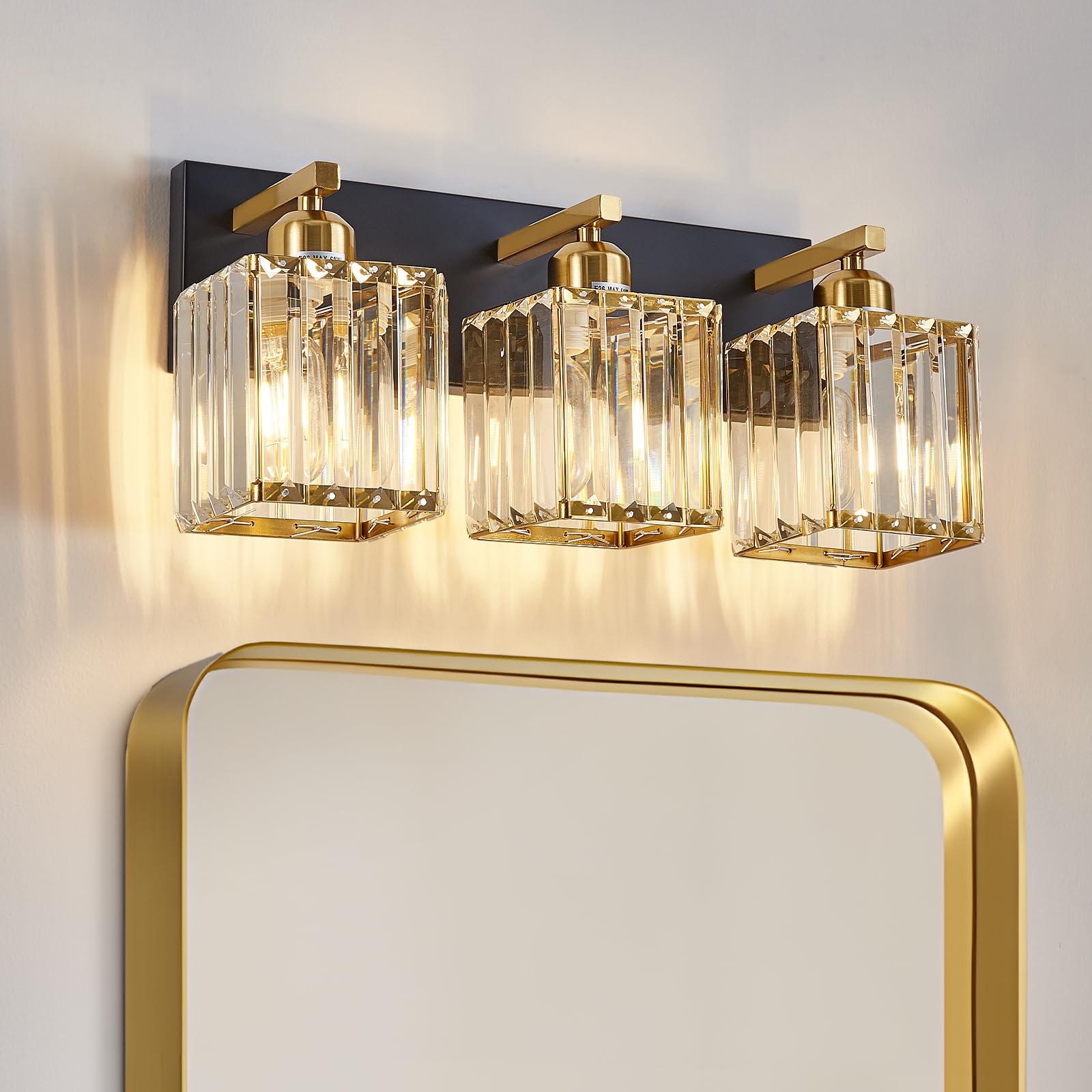 Aixialin 3-Light Bathroom Vanity Lights, Black Gold Crystal Wall Lighting, Metal Fixtures, Model 600-100-1012