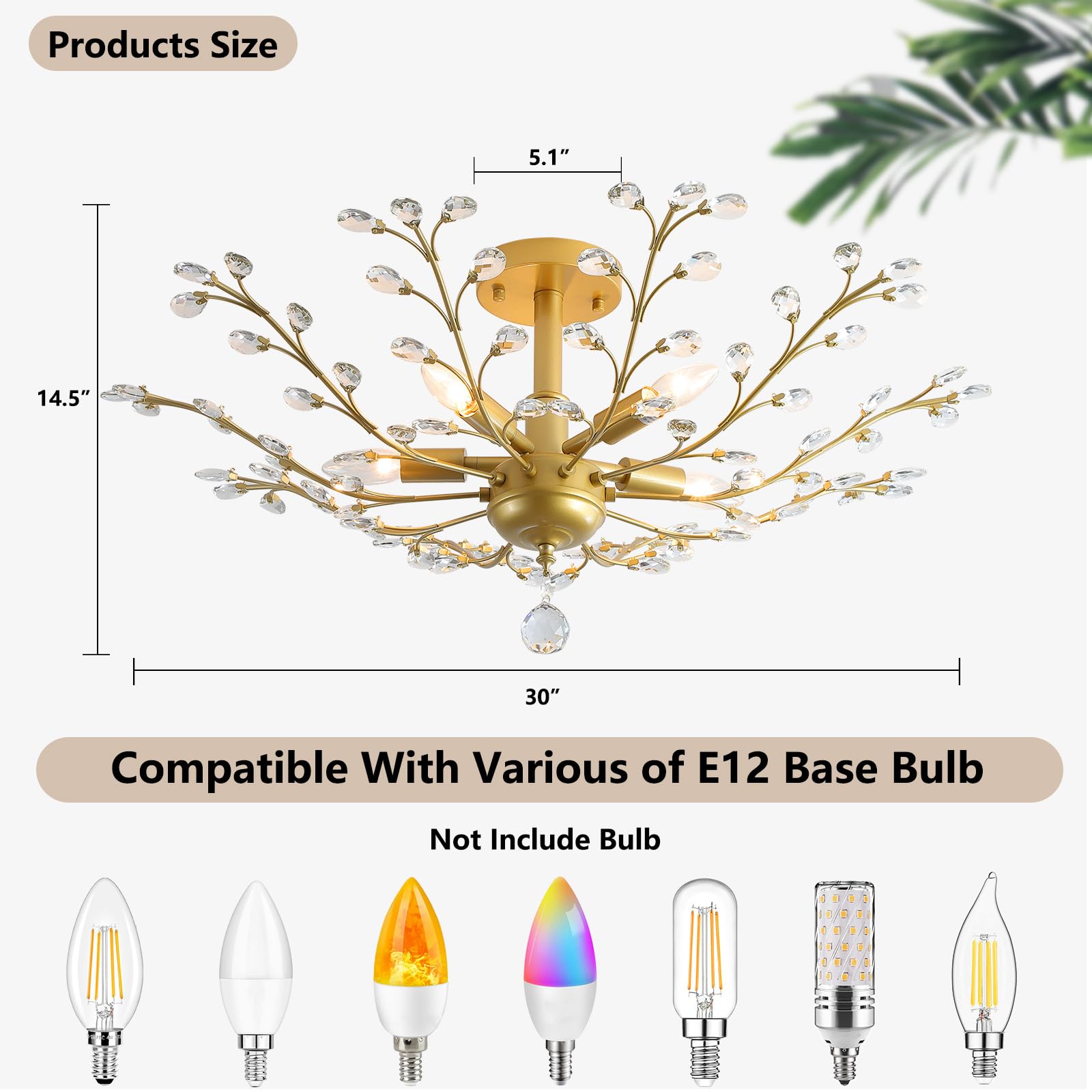 3WWWUEE 5-Light Crystal Chandelier, 30 Inch Gold Semi Flush Mount for Kitchen, Dining Room, Bedroom, Model QX2820-P5-GD