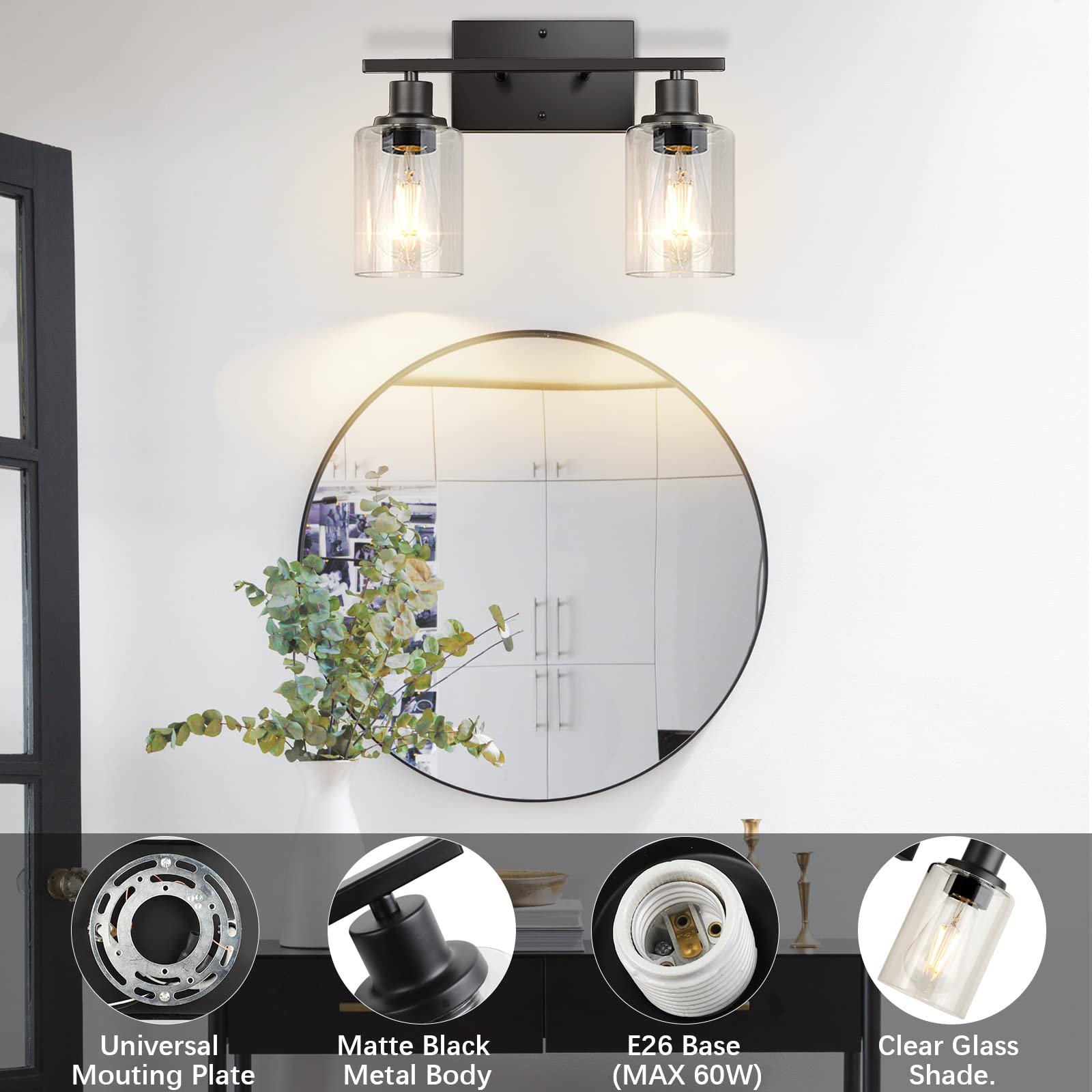 Shinetech 2-Light Bathroom Vanity Light Fixtures, Modern Wall Lighting With Clear Glass Shade, Matte Black Finished Wall Sconce