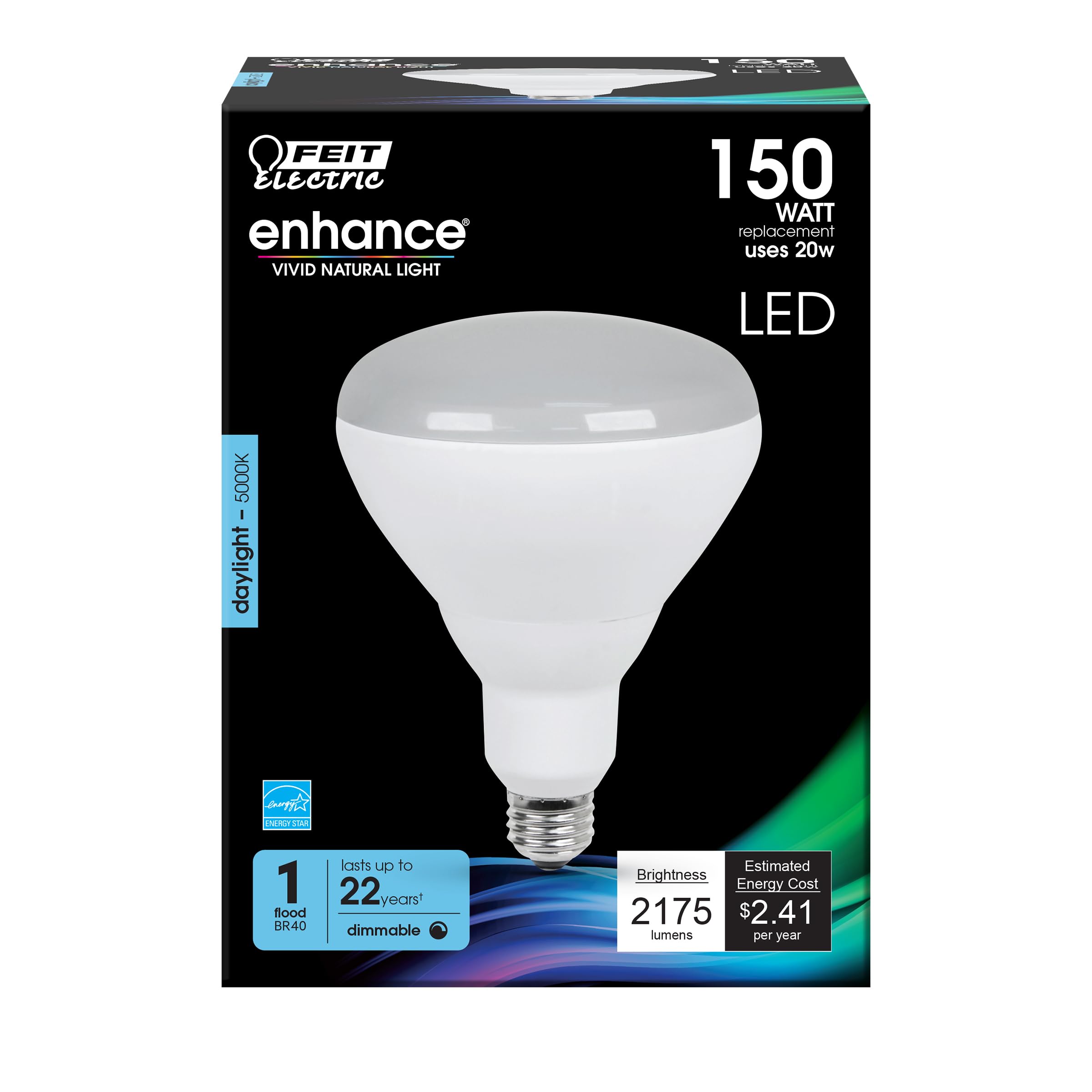 Feit Electric BR40 LED Light Bulb  150W Equivalent  Dimmable  2175 Lumens  E26 Medium Base  5000K Daylight  90 CRI  Flood Light Bulb for Recessed Cans  Damp Rated  22-Year Lifetime  BR40DM/2175/950CA