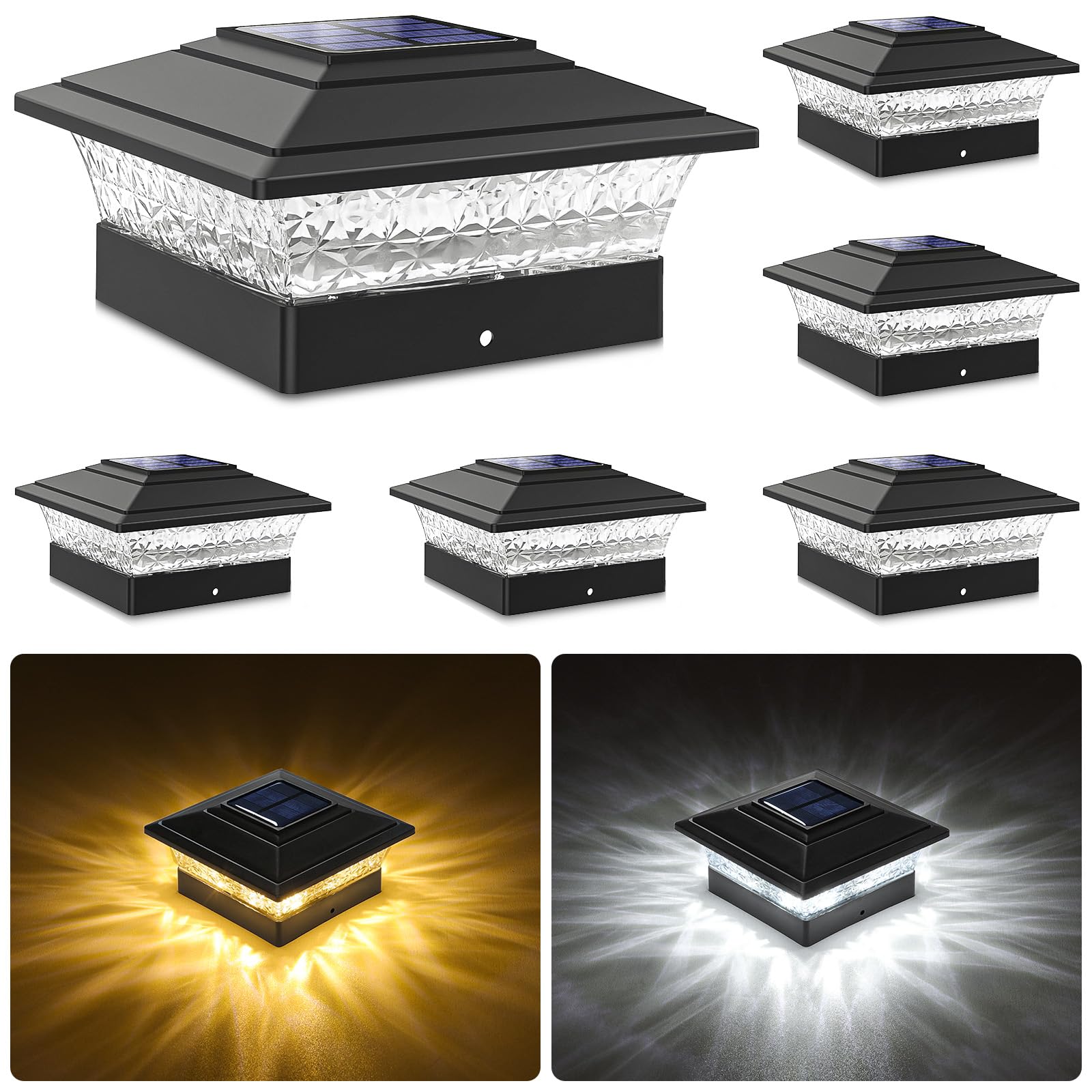 Solar Post Cap Lights Outdoor 6pack, Waterproof Fence Post Lights with 16 Ultra Bright LEDs Fit 4x4 Wood/Vinyl Posts, Black Deck
