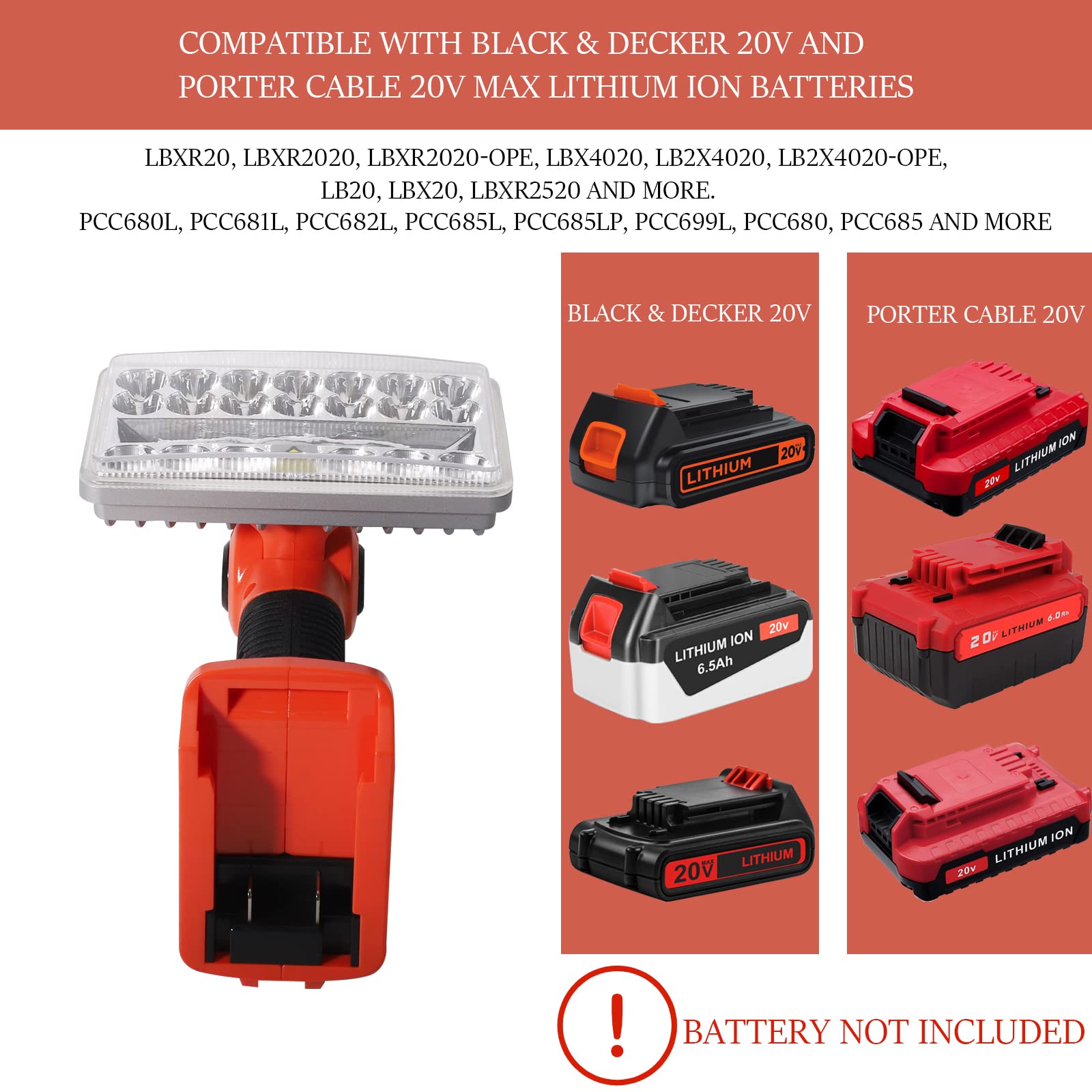 YEX-BUR 20V LED Work Light - 18W 2000LM Portable Spotlight, USB-A Port, Orange, Ideal for Camping, Car Repair, Garage Use
