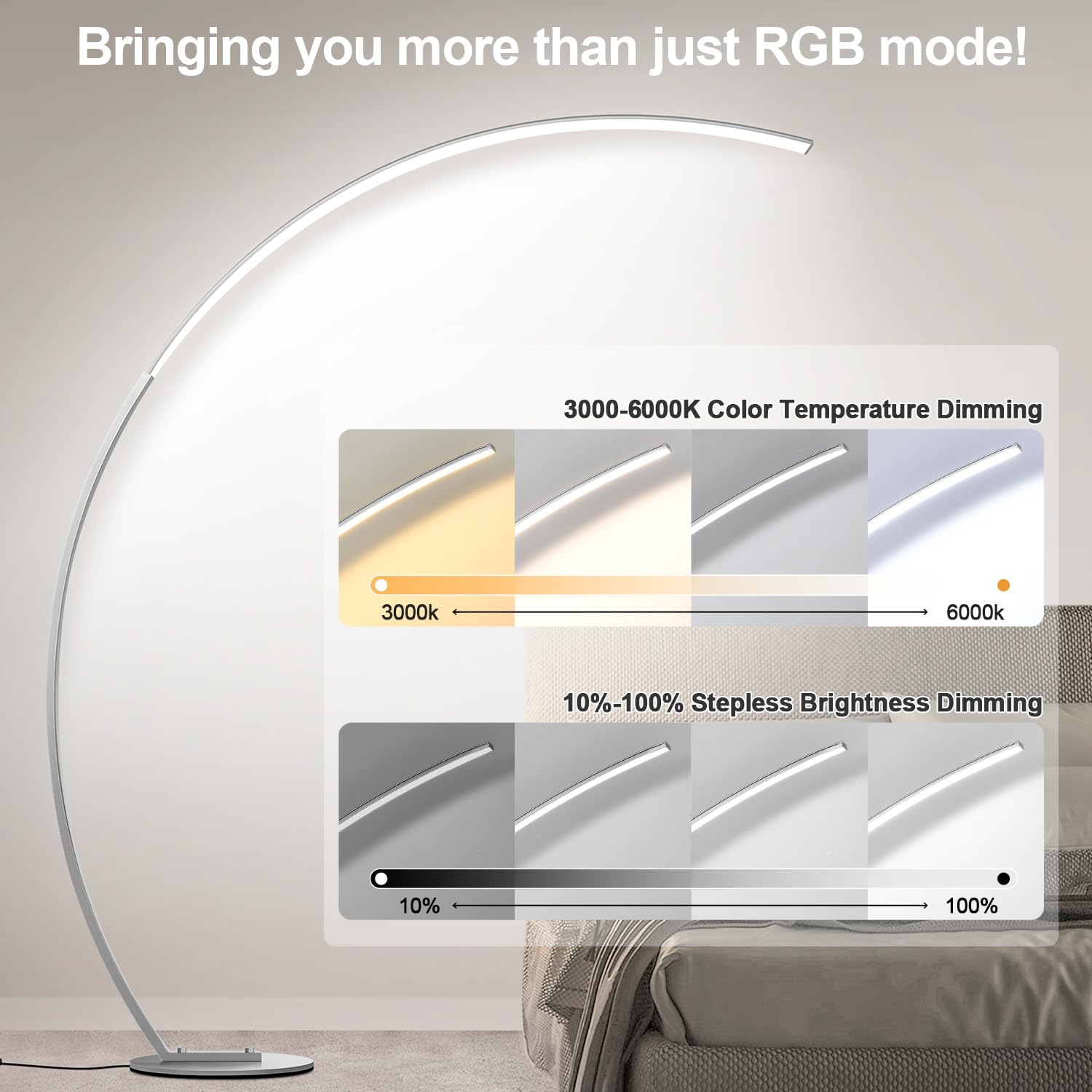 Nintiue RGB Floor Lamp - 1800LM Smart Arc LED with Remote, Music Sync, Brushed Nickel, Model F230017P1RGBCW