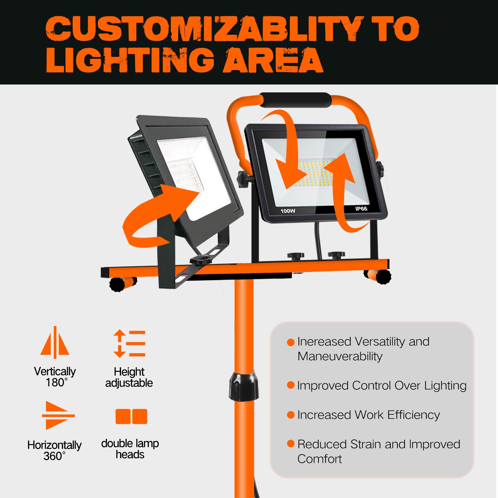 Yurnomy 21000 Lumen LED Work Light with Adjustable Tripod Stand, Waterproof, Orange-2, Model GZD-1