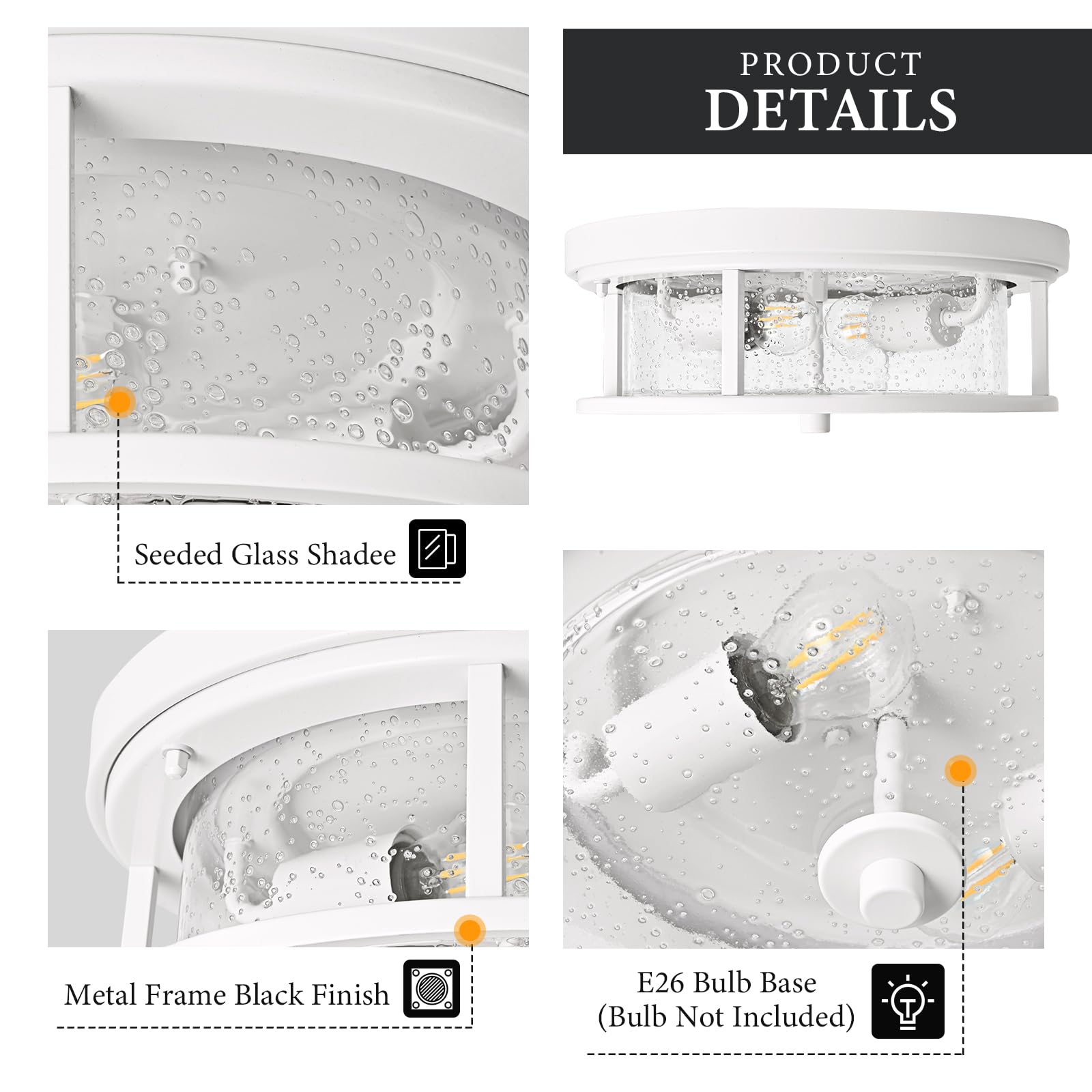 Odorpower White Flush Mount Ceiling Light Fixture, 2-Light With Seeded Glass White Ceiling Light Fixture For Bedroom, Indoor Outdoor Ceiling Lights For Porch Hallway Kitchen