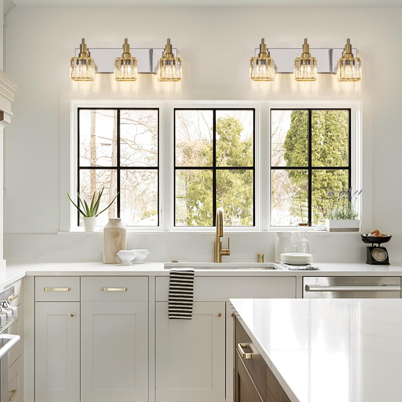HUOKU Crystal Bathroom Vanity Light 3-Light Metal Wall Sconce Gold Chrome Model HUOKU-CB3L-GC
