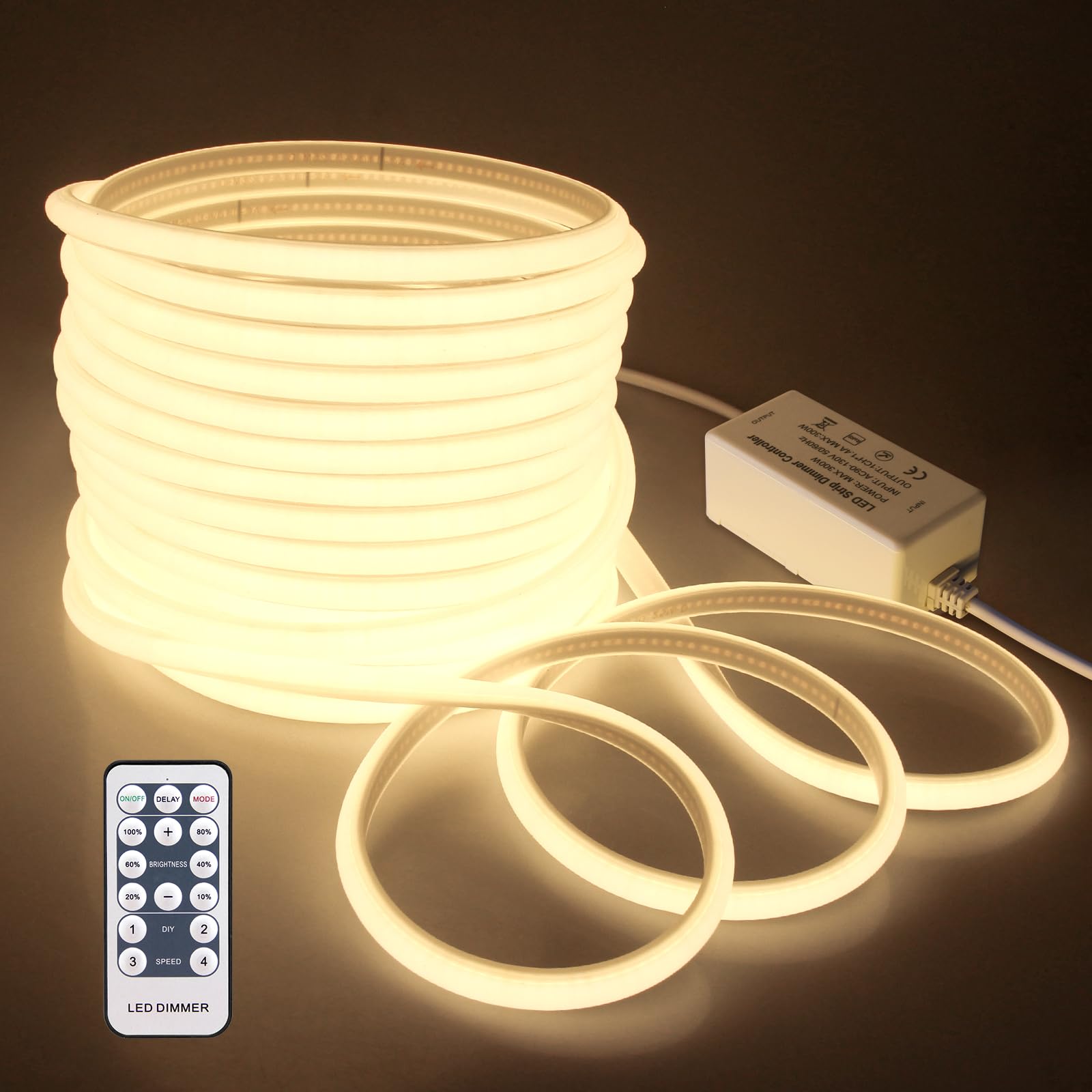 Samsion 65.6Ft Cob Led Strip Lights Outdoor Waterproof 20M Dimmable Led Rope Light With Remote Ac 110V~120V Cuttable Flexible Cob Light Strip Warm White 3000K For Garden Building Commerical Decor