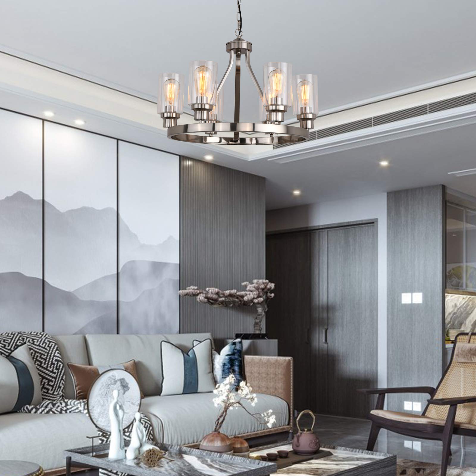 Sivilynus Dining Room Lighting Fixtures Hanging Brushed Nickel Kitchen Modern Chandelier Over Tables 6 Light With Glass Pendant