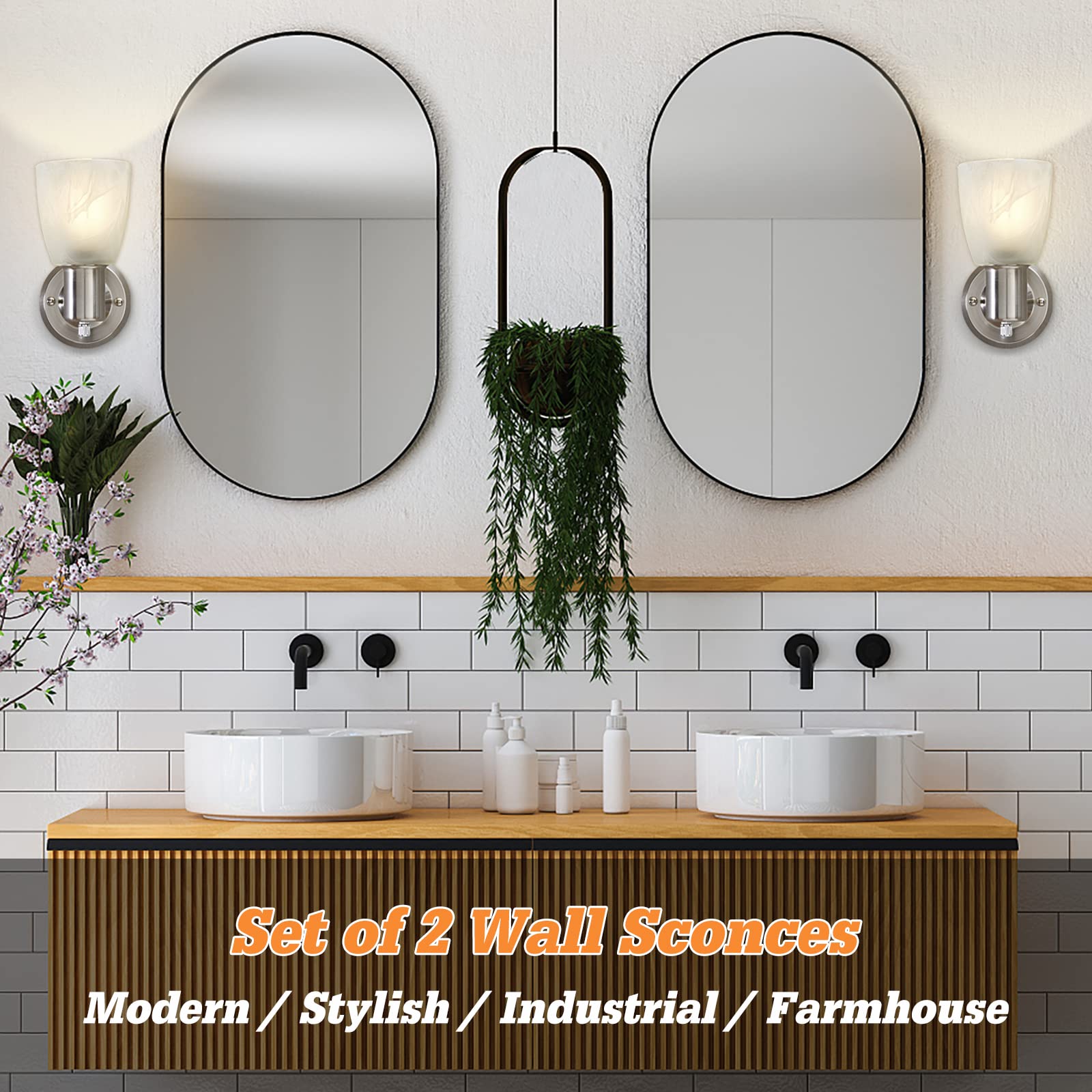 Wall Sconces Set Of 2, Brushed Nickel Vanity Lights For Bathroom, Modern Wall Light Fixtures With Rotary Switch, Wall Mount Ligh