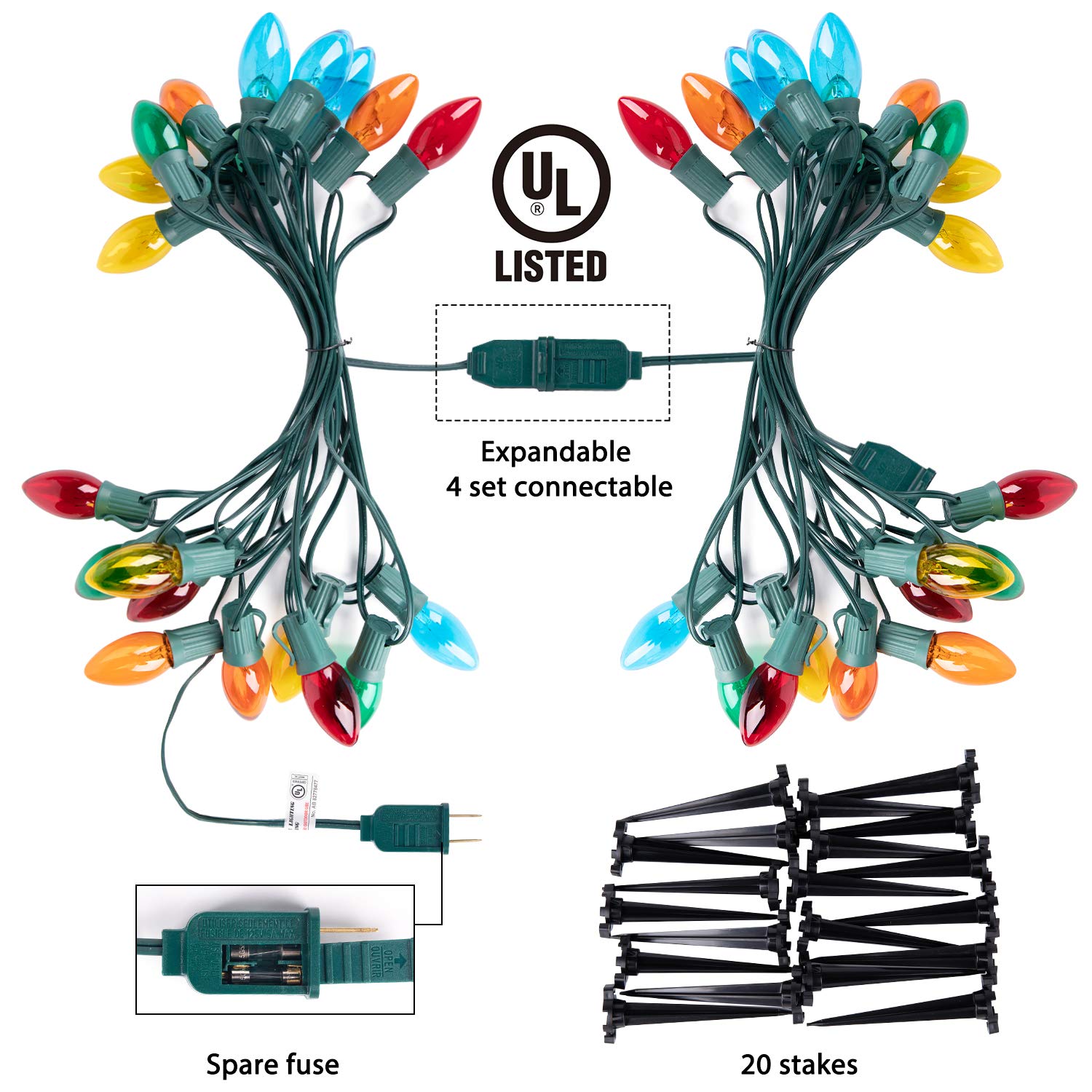 C9 Christmas Pathway String Lights, 2 Pack 25.7 Ft C9 20 Lights With 20 Multicolored Glass Bulbs And 20 Stakes Connectable Water