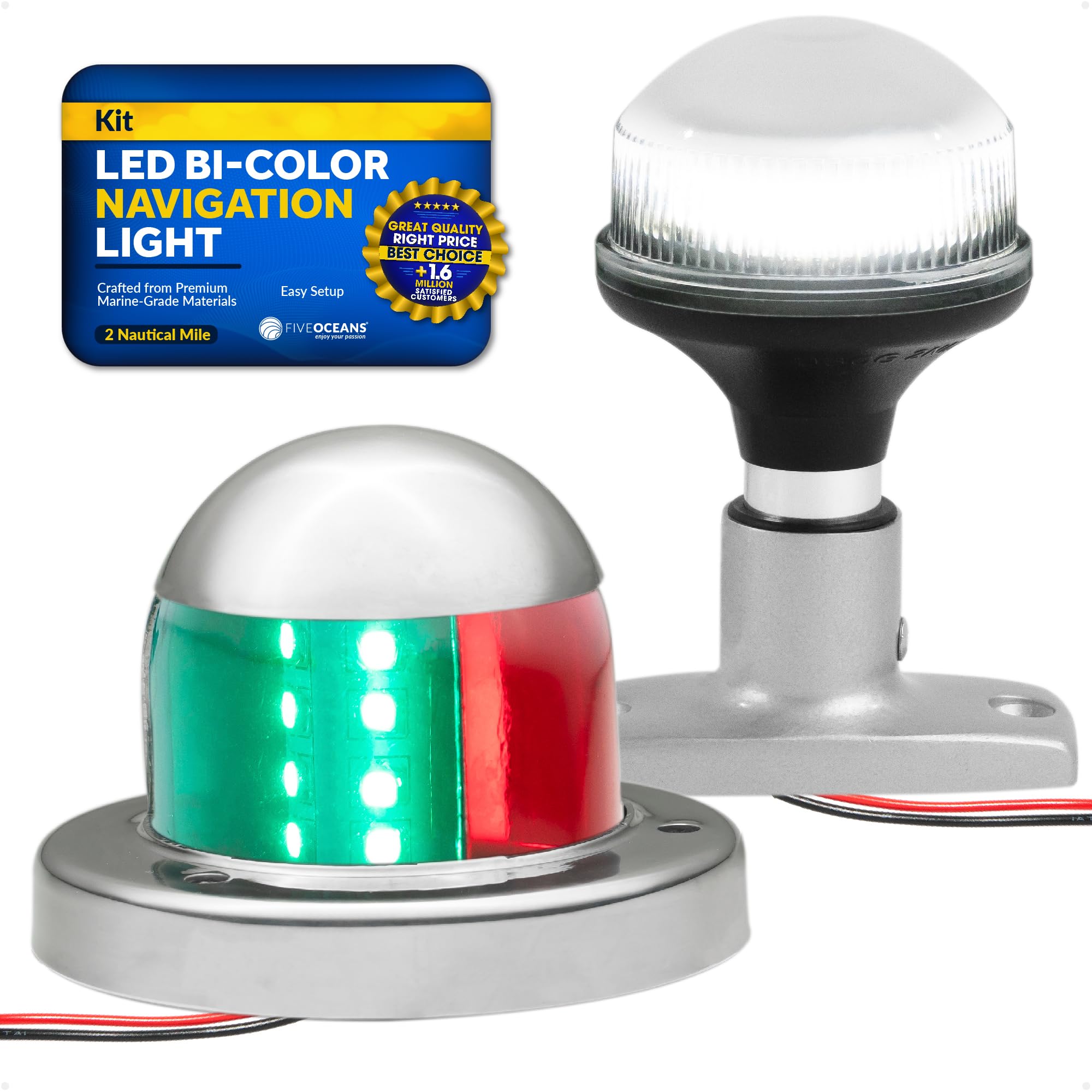Five Oceans LED Anchor & Bi-Color Navigation Light Kit, 12V, USCG Rules 2NM, Model FO4512-C1, Silver for Boats