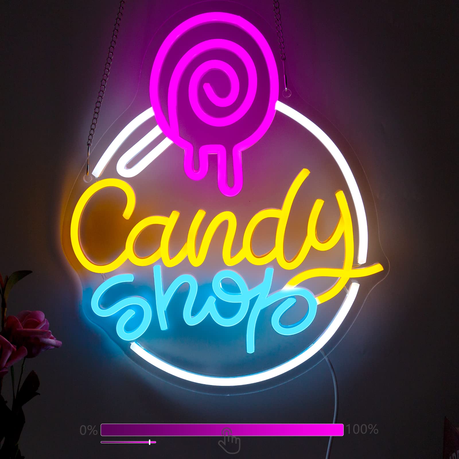 Moodlion Neon Sign for Wall Decor, Dimmable LED Lollipop Store Light, 15.1x12.6 IN, Candy Color, Acrylic Material