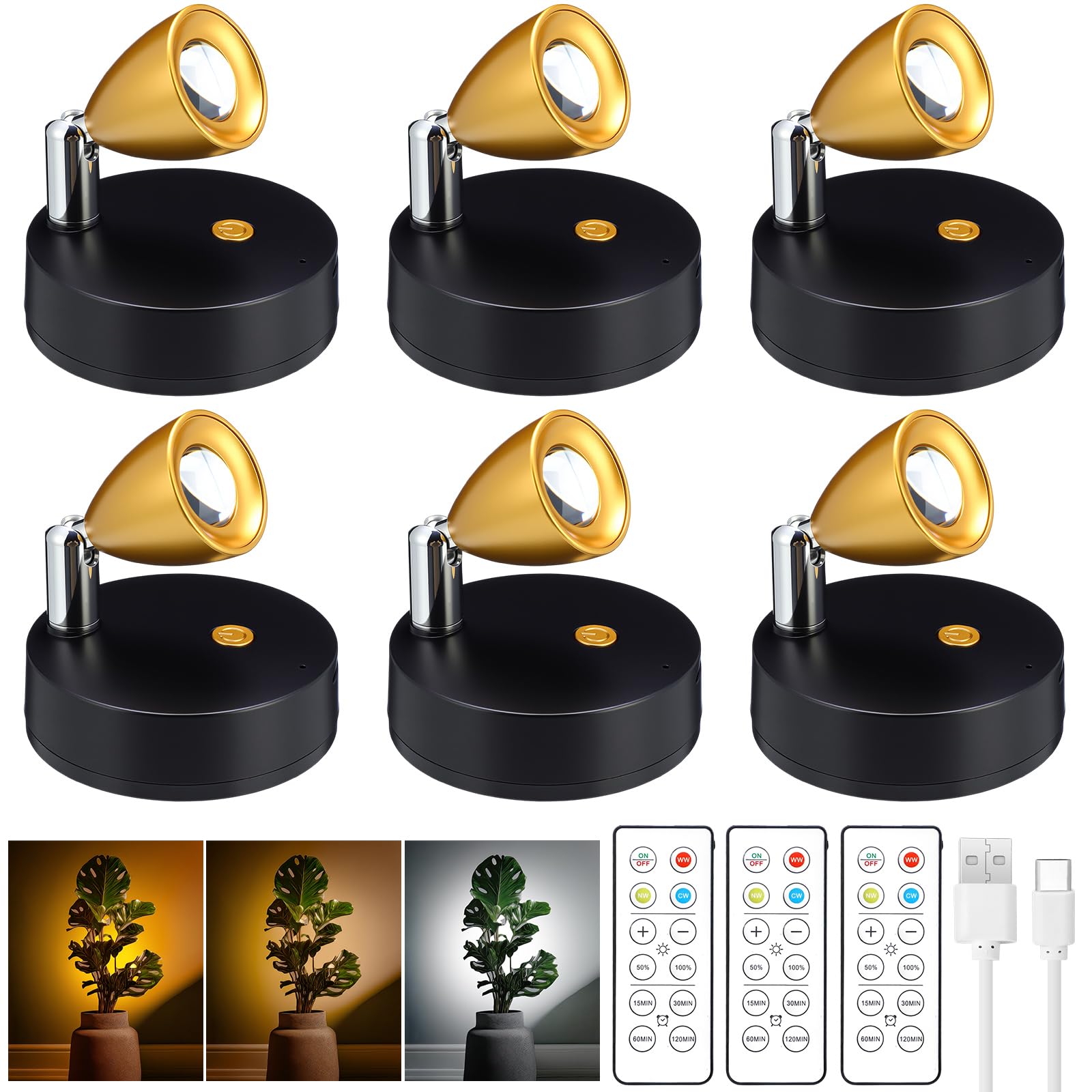 Hortsun 6 Pcs Mini Rechargeable Spotlights with 3 Remote Control Indoor Plant Wireless LED Spot Lights Rotatable Dimmable Accent